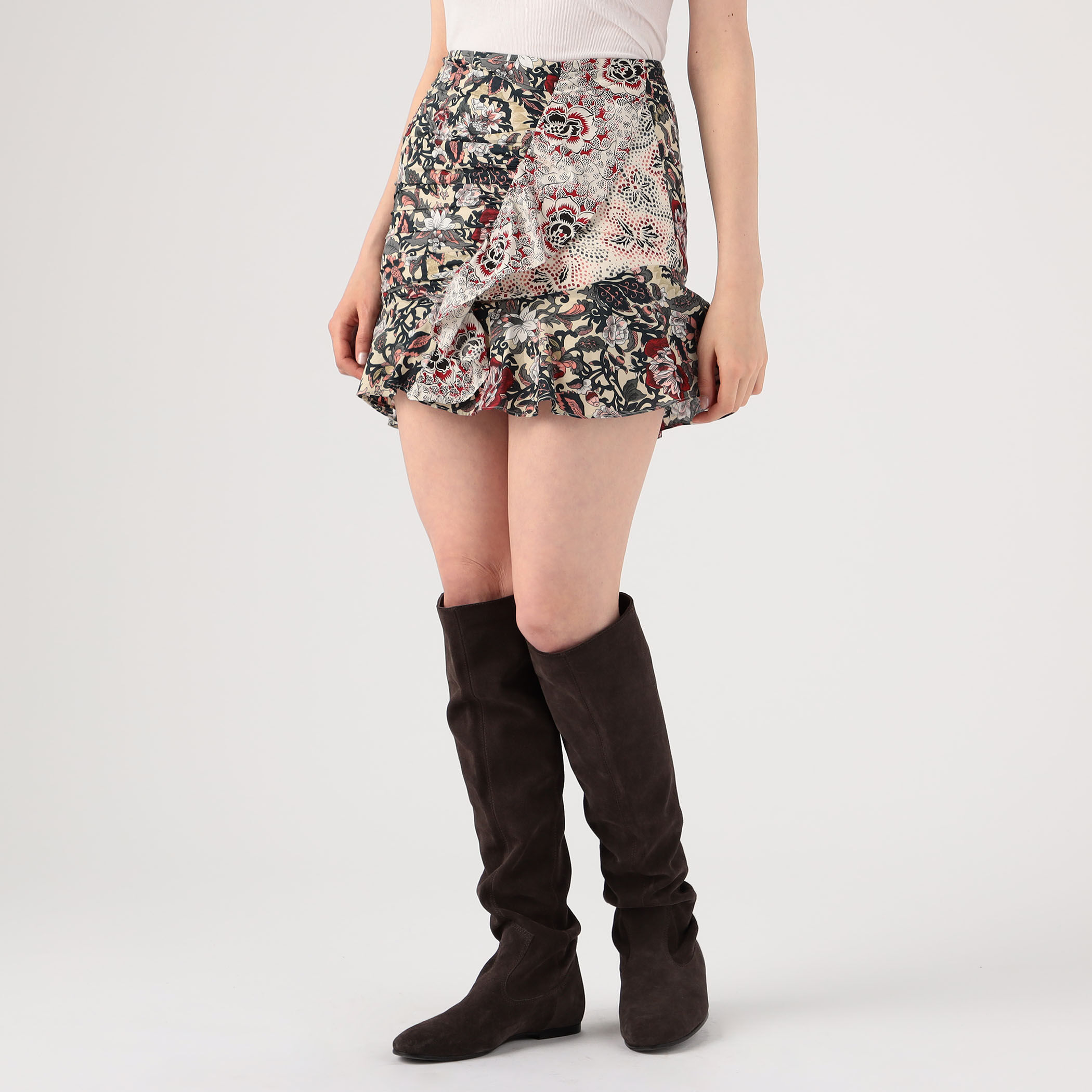 [FR40] ISABEL MARANT レザースカート ISABEL MARANT ETOILE LOZ コットンフラワープリント フリルミニ