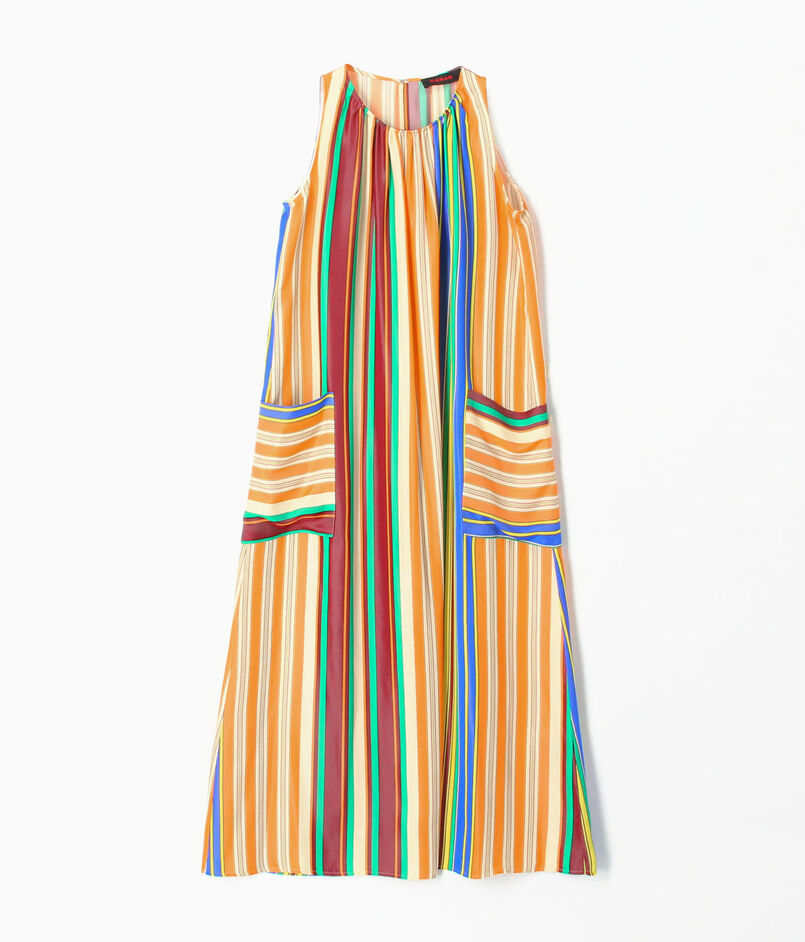 CABaN アセテートレーヨン マルチストライプノースリーブワンピース  