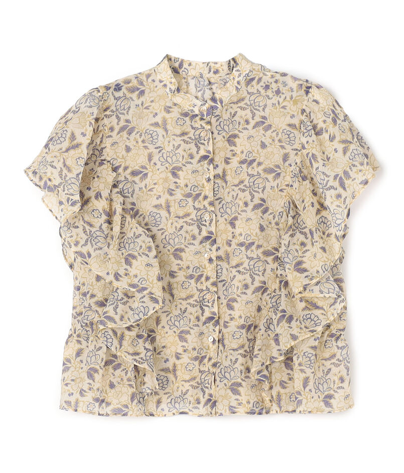 コットンポリエステルプリント バタフライスリーブブラウス