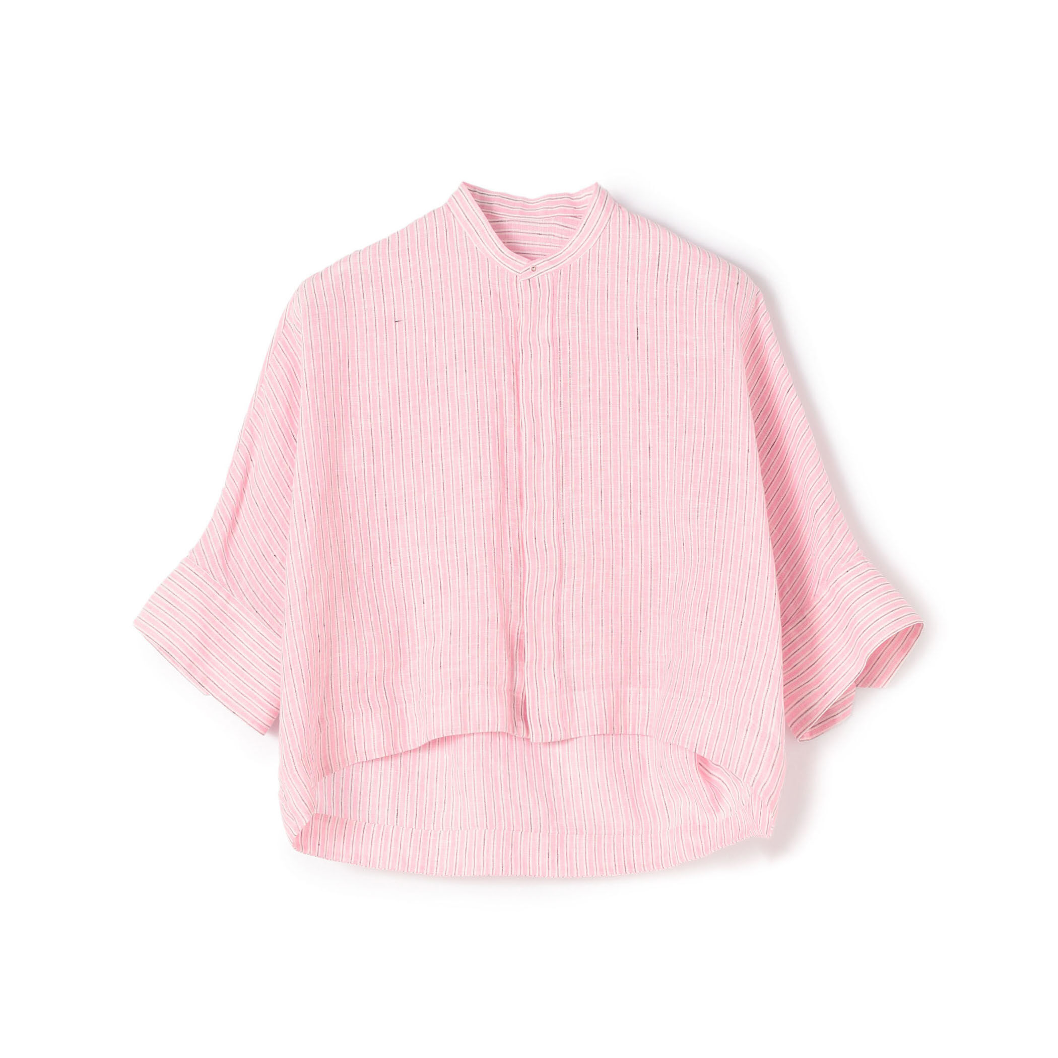 ベルギーリネン バンドカラーハーフスリーブシャツ