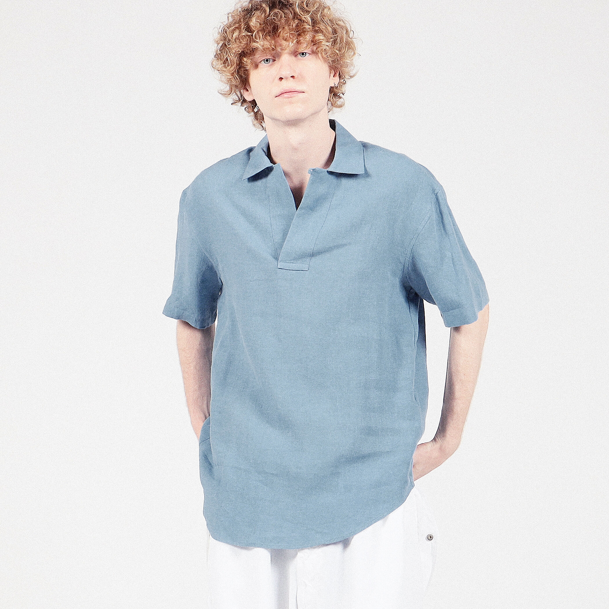 BOURRIENNEブリエンヌ　スタンドカラー比翼シャツ　M 別注】BOURRIENNE×LAND OF TOMORROW LIGHT LINEN SHIRT