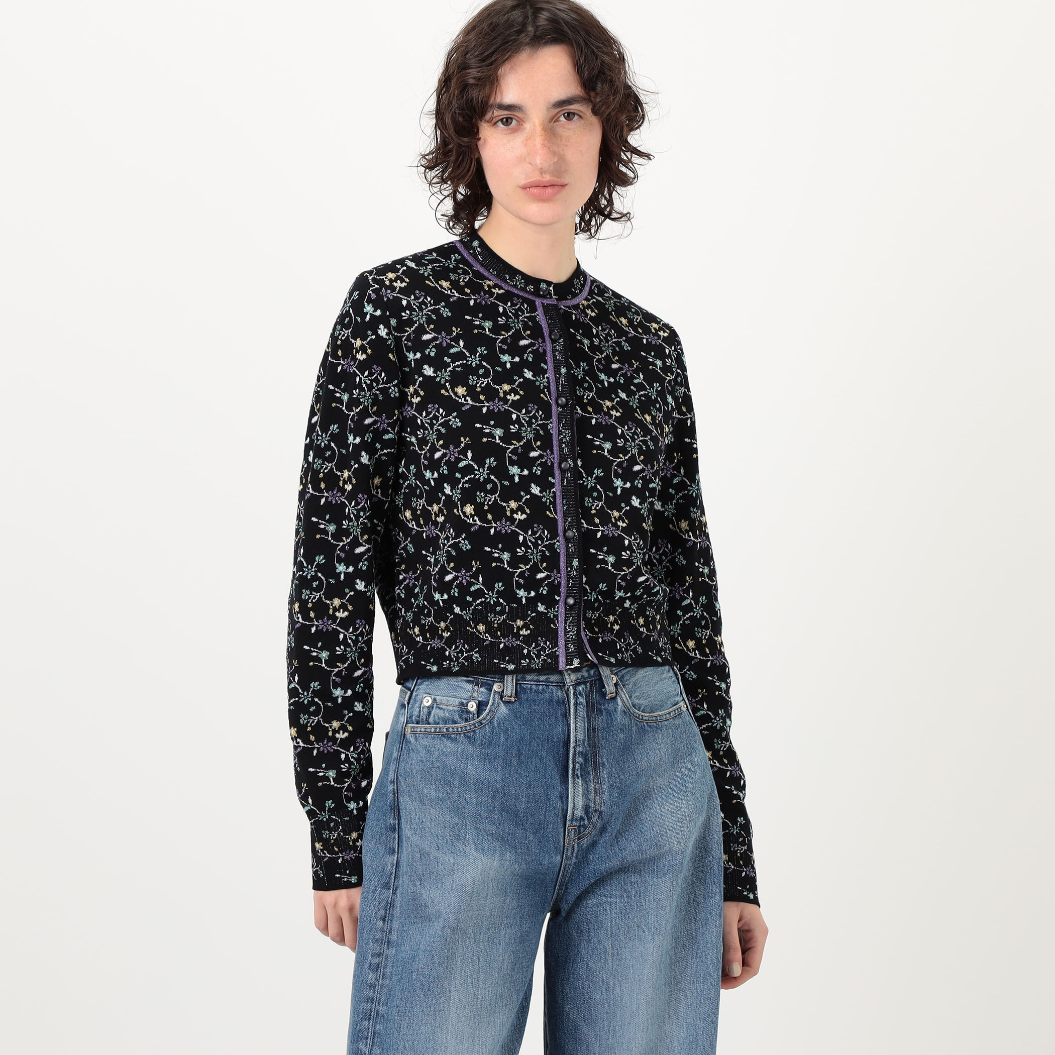 Mame Kurogouchi Floral Motif Glitter Knit Cardigan