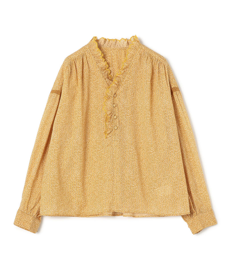 コットンレーヨンプリント スタンドフリルブラウス
