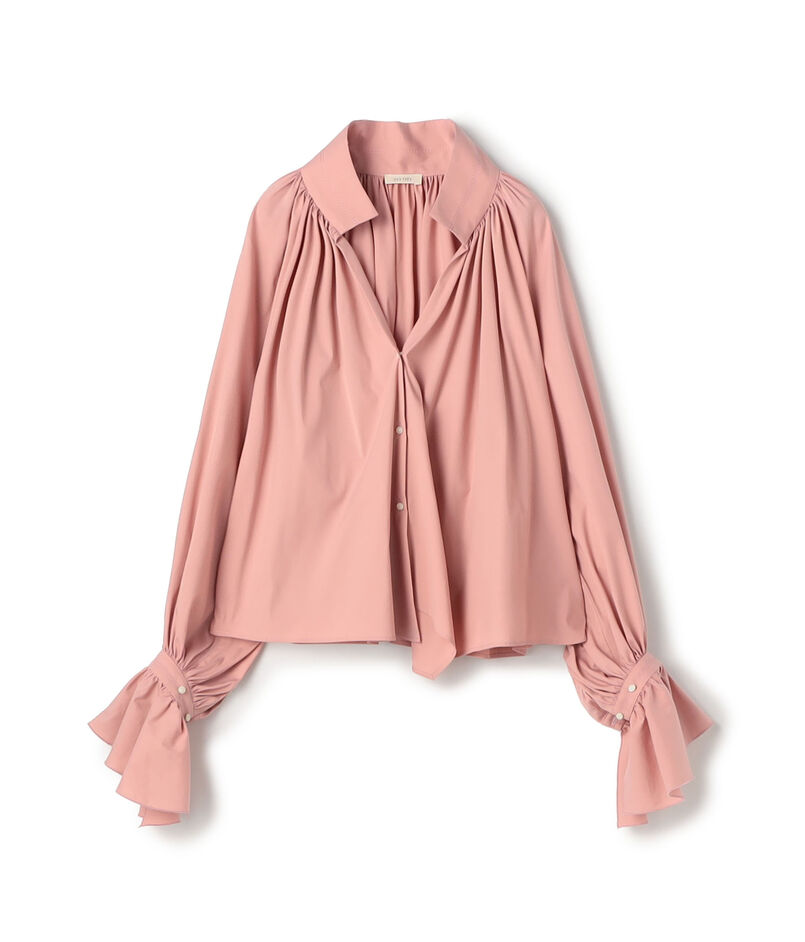 コットンストレッチポプリン ハイネックギャザーブラウス