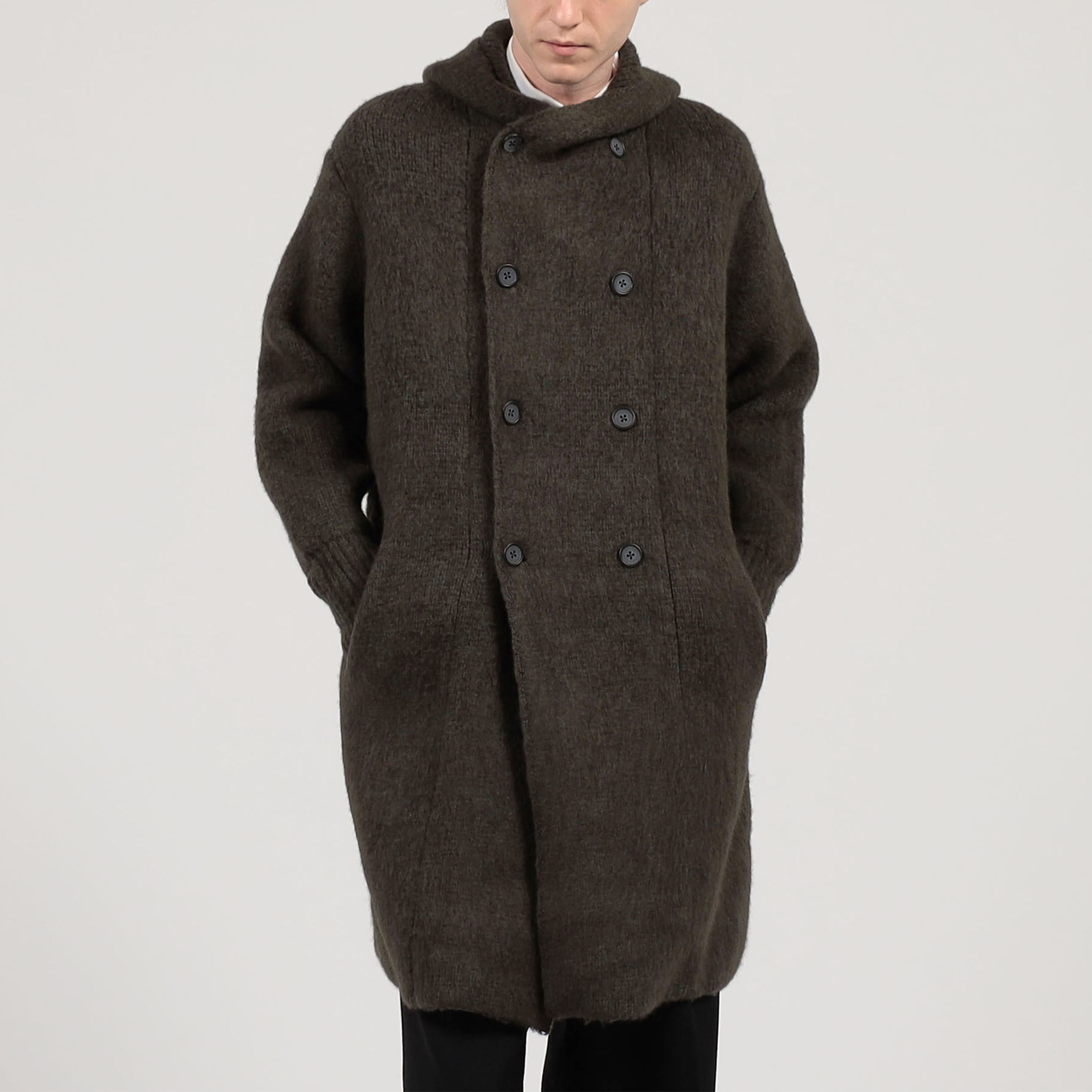 ウール カシミヤ シルク フーデット ダブルブレスト ニットコート