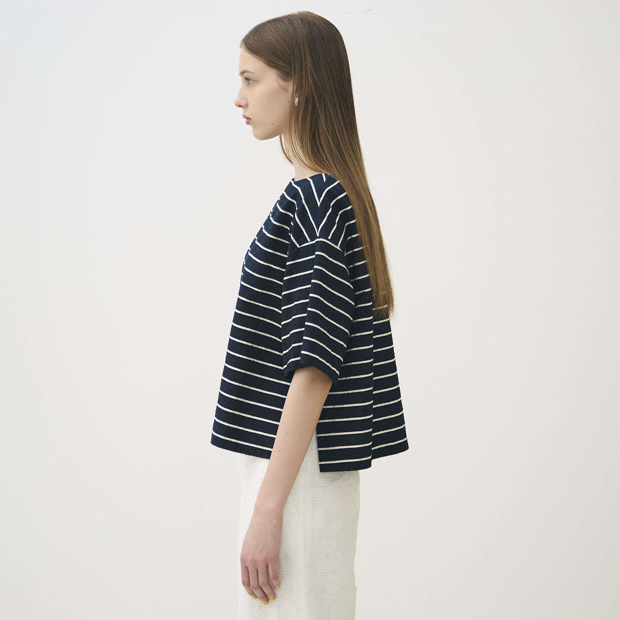 新品タグ付アパルトモンSleeve Borderボートネックknit ネイビー BORDER RIB LONGSLEEVE T-SHIRT（Tシャツ／カットソー）｜L