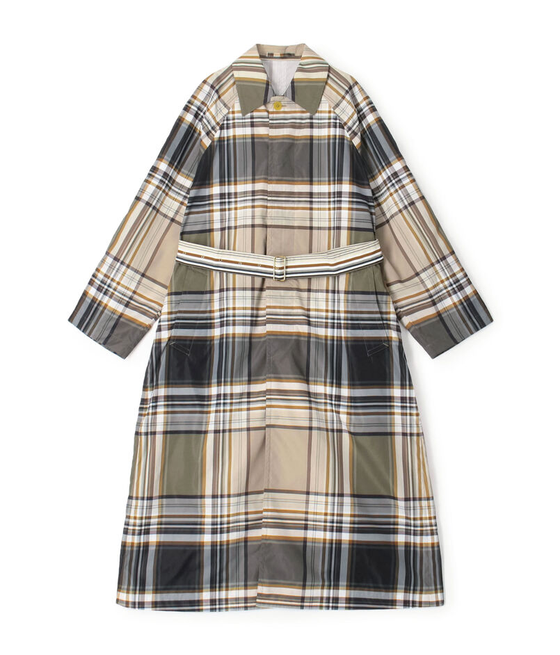 テクニカルナイロン ブロックチェックステンカラーコート