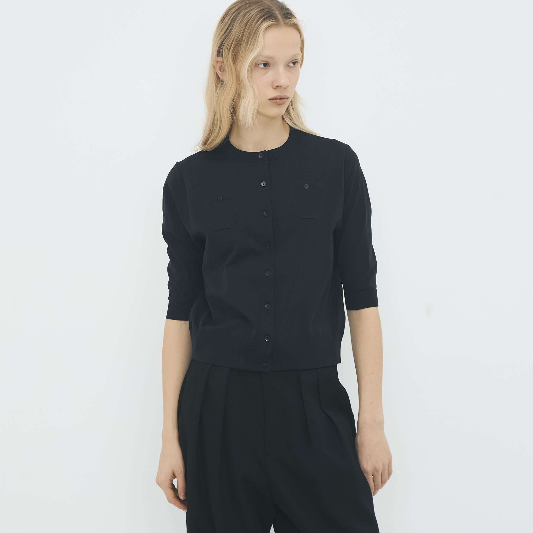 ファインポリエステル ハーフスリーブポケットカーディガン