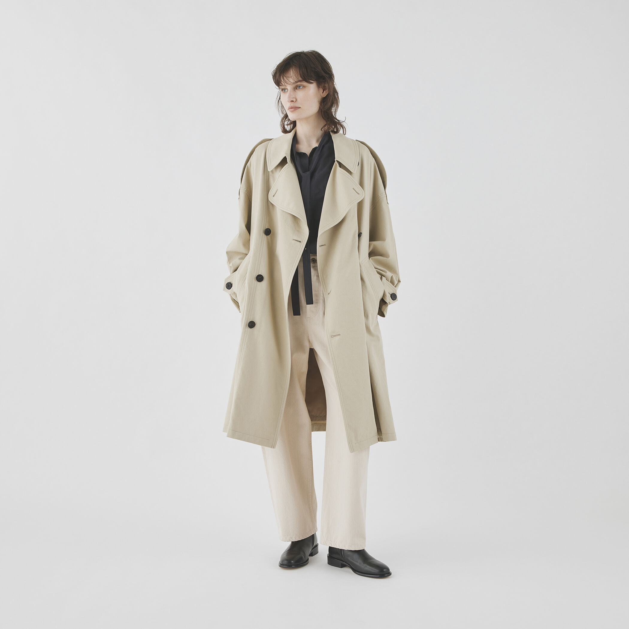 ノンマーセライズドコットンギャバジン ボリュームトレンチコート