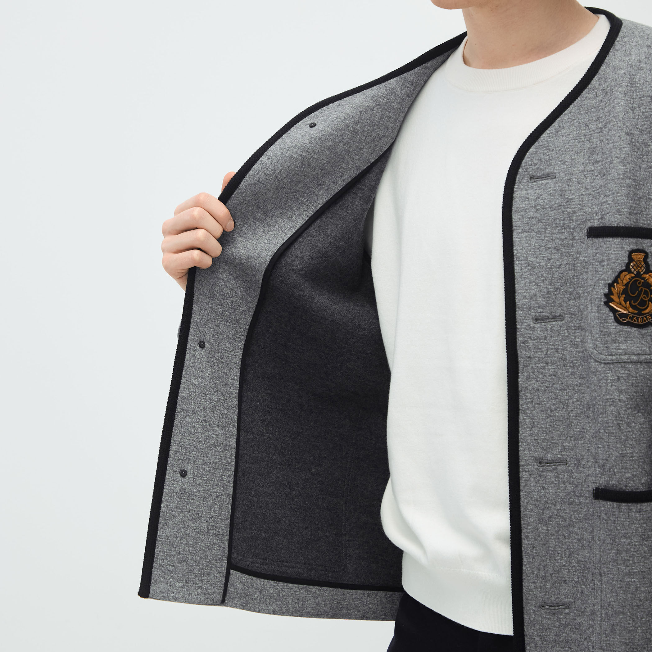 CABaN キャバン ダブルフェイスカラーレスジャケット グレー CABaN ジャケット ノーカラージャケット ウールコットンダブル