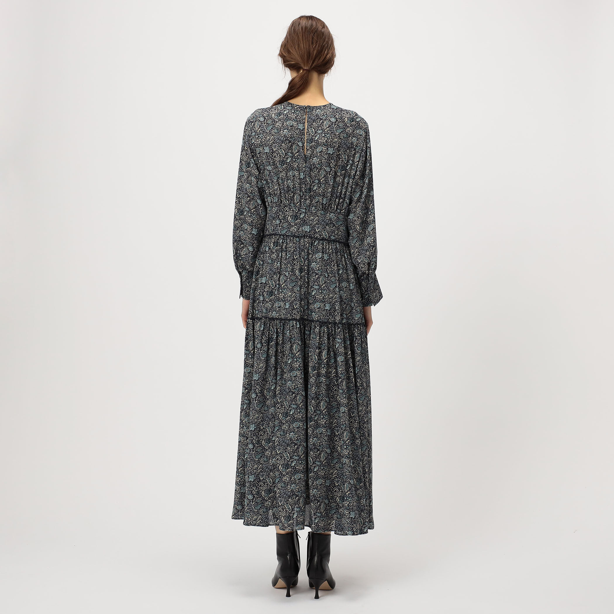 ポリエステルジョーゼットプリント ティアードワンピース