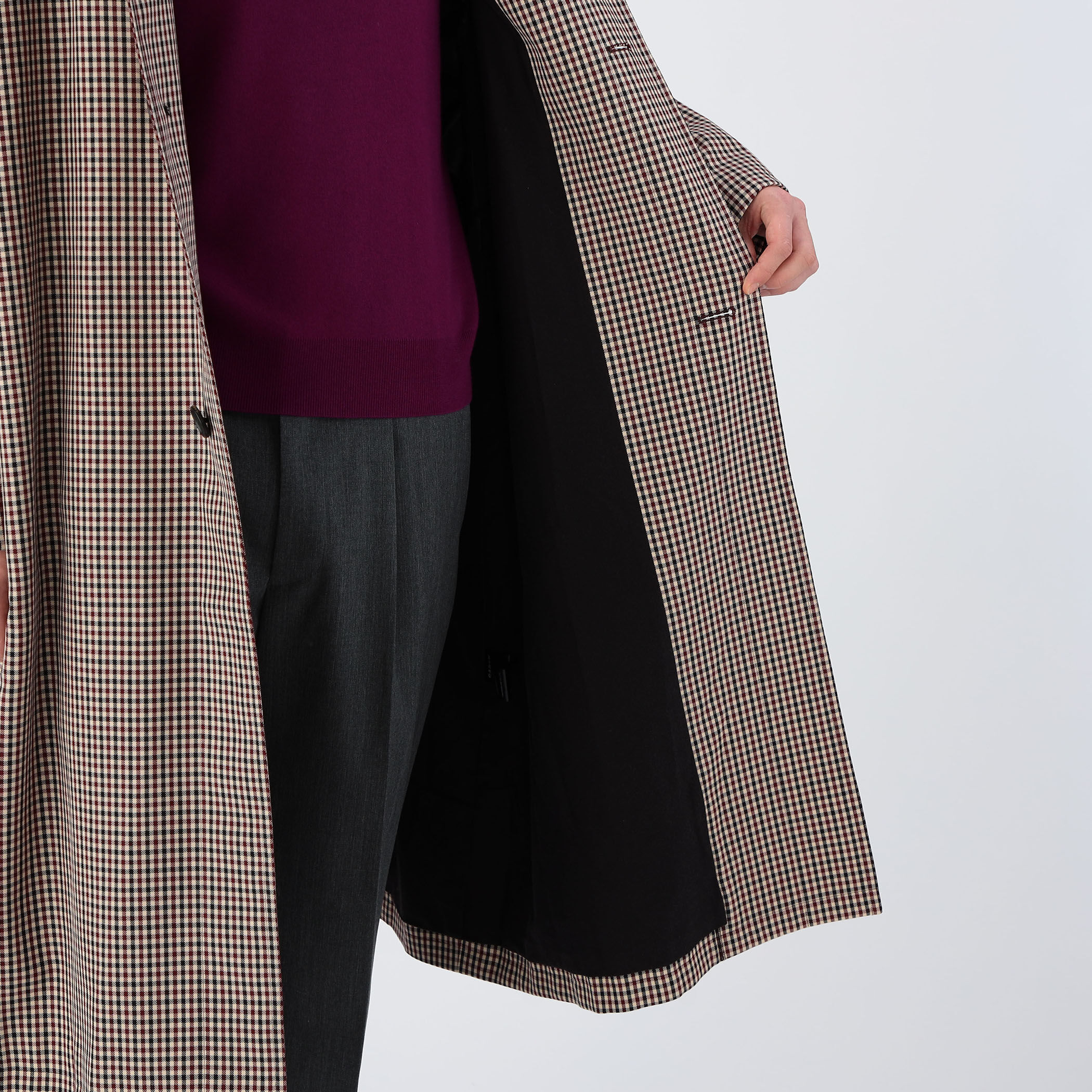 ウールギャバジン ガンクラブチェックスタンドカラーコート