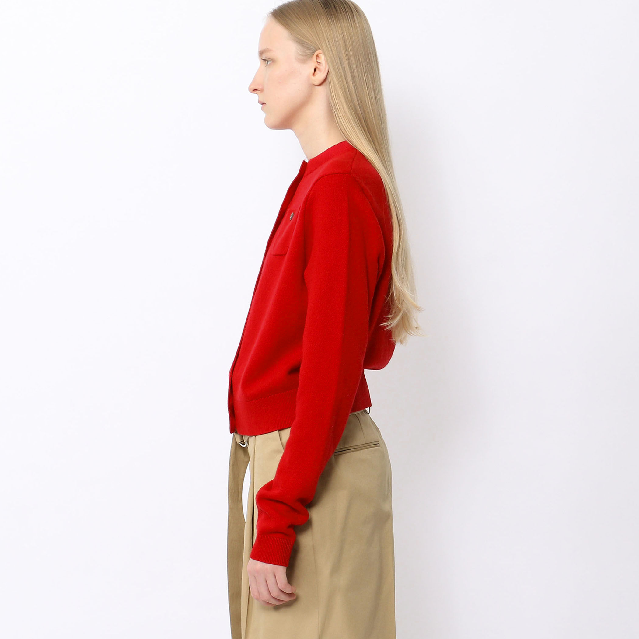 美品 キャバン ウールカシミヤクルーカーディガン S レッド 定番人気 ポケット 美品 キャバン ウールカシミヤクルーカーディガン S レッド