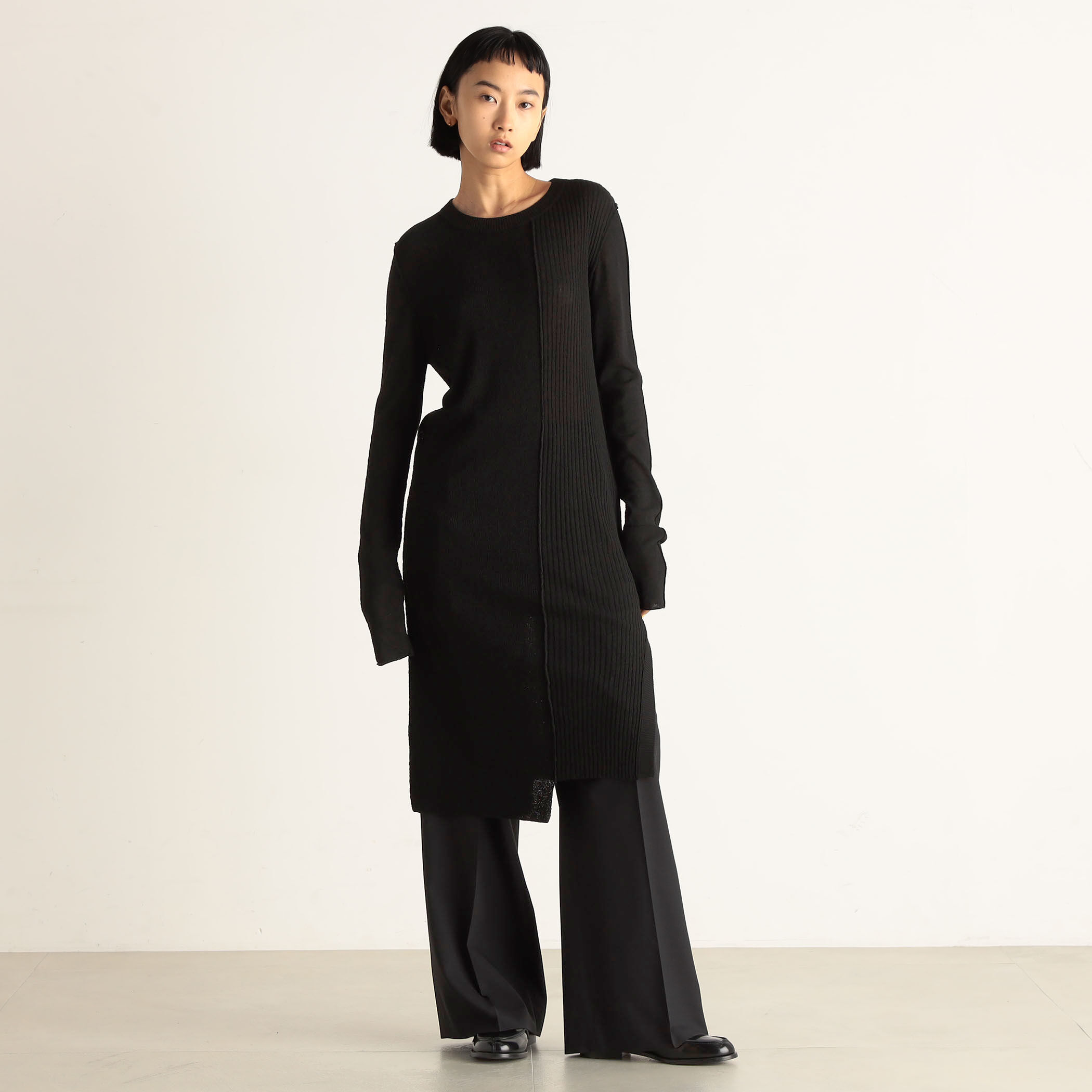 MARGE チュールボートネックp/o (black) □パネルニット ボートネックロングプルオーバー