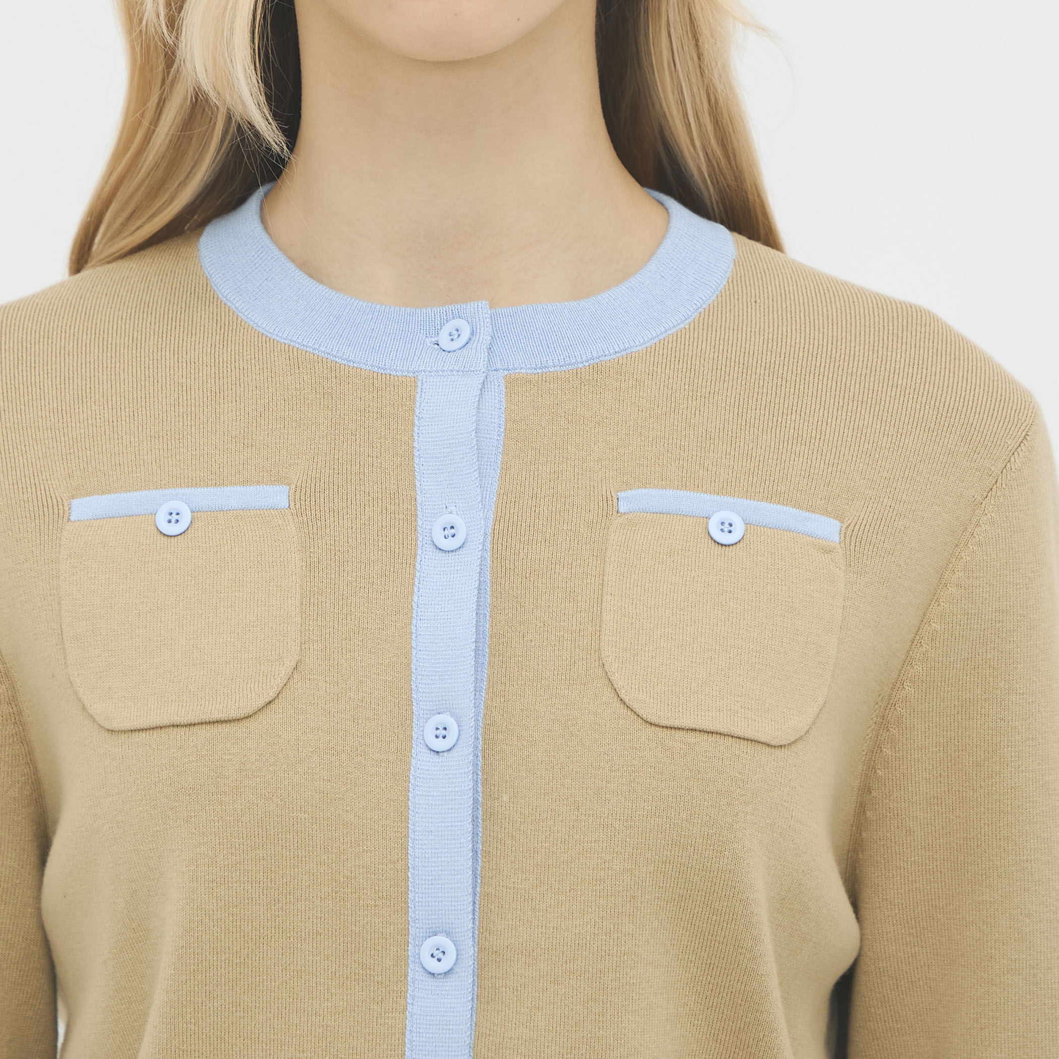 コットンカシミヤ バイカラークルーネックカーディガン