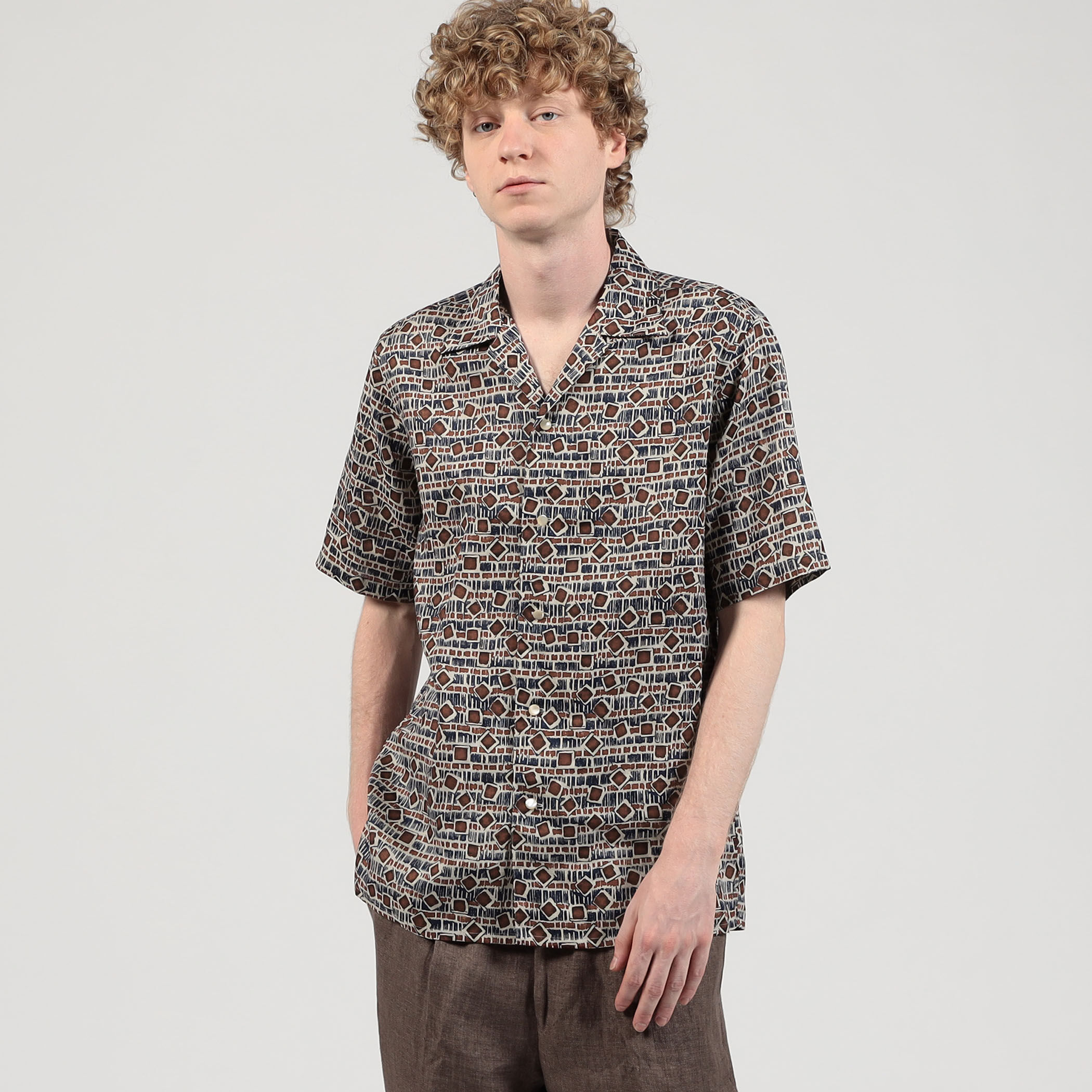 リネン バティック オープンカラーハーフスリーブシャツ