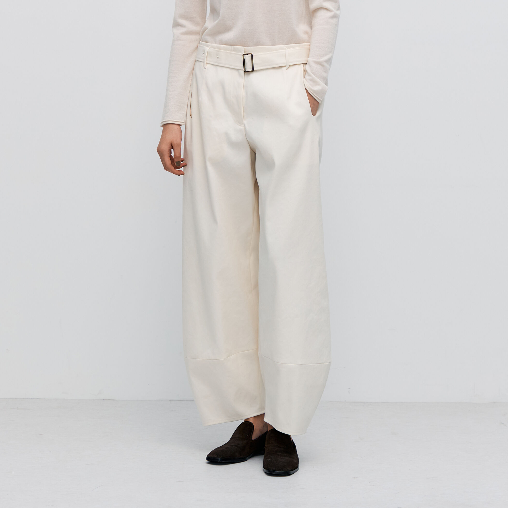 コットンポリエステルビンテージギャバジン ベルトワイドパンツ