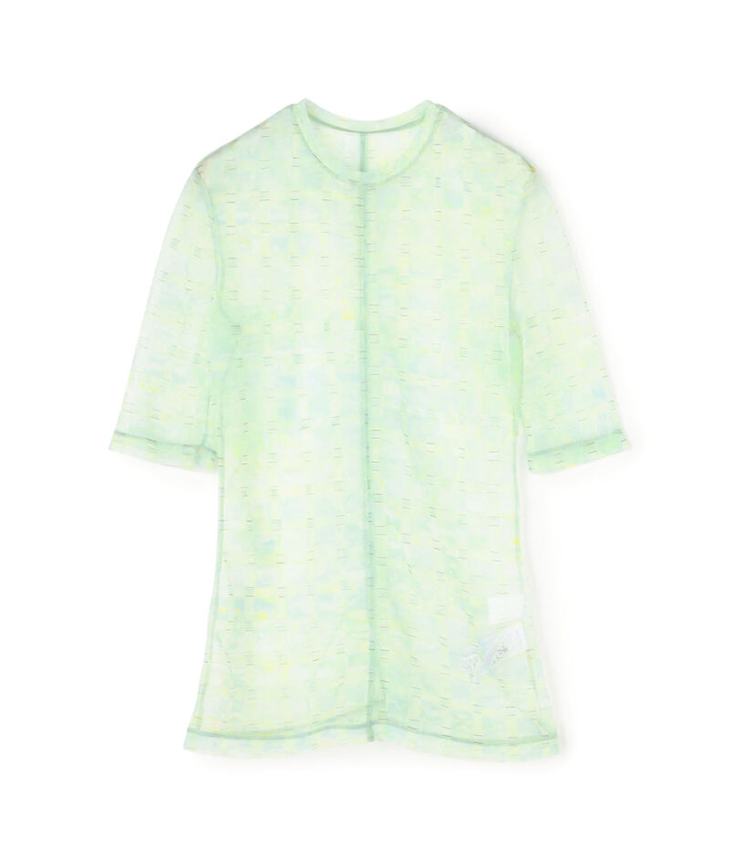 Mame Kurogouchi Marble Printed Plaid Sheer Crew Neck Top