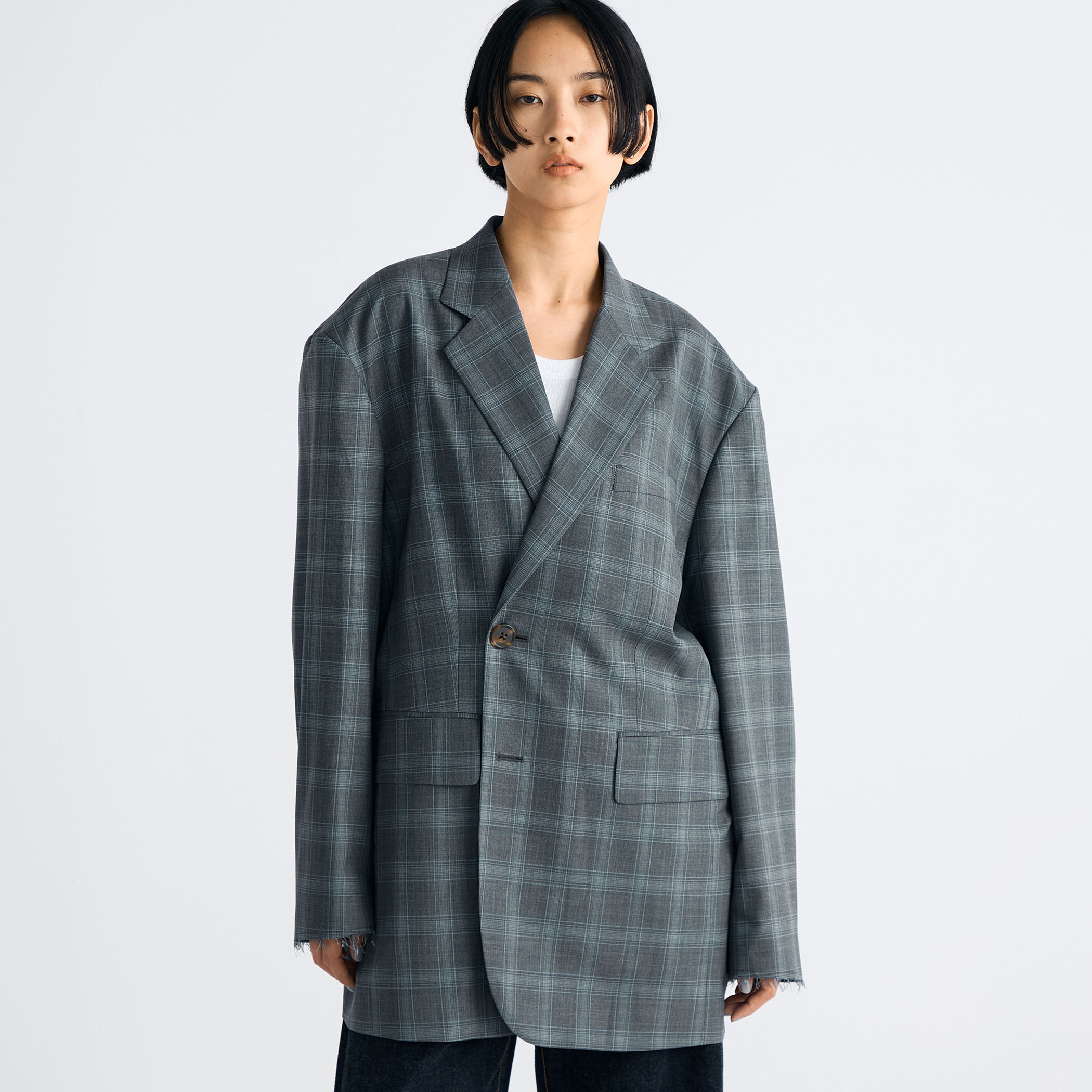 Super140's ウールトロピカル チェックオーバーサイズドジャケット