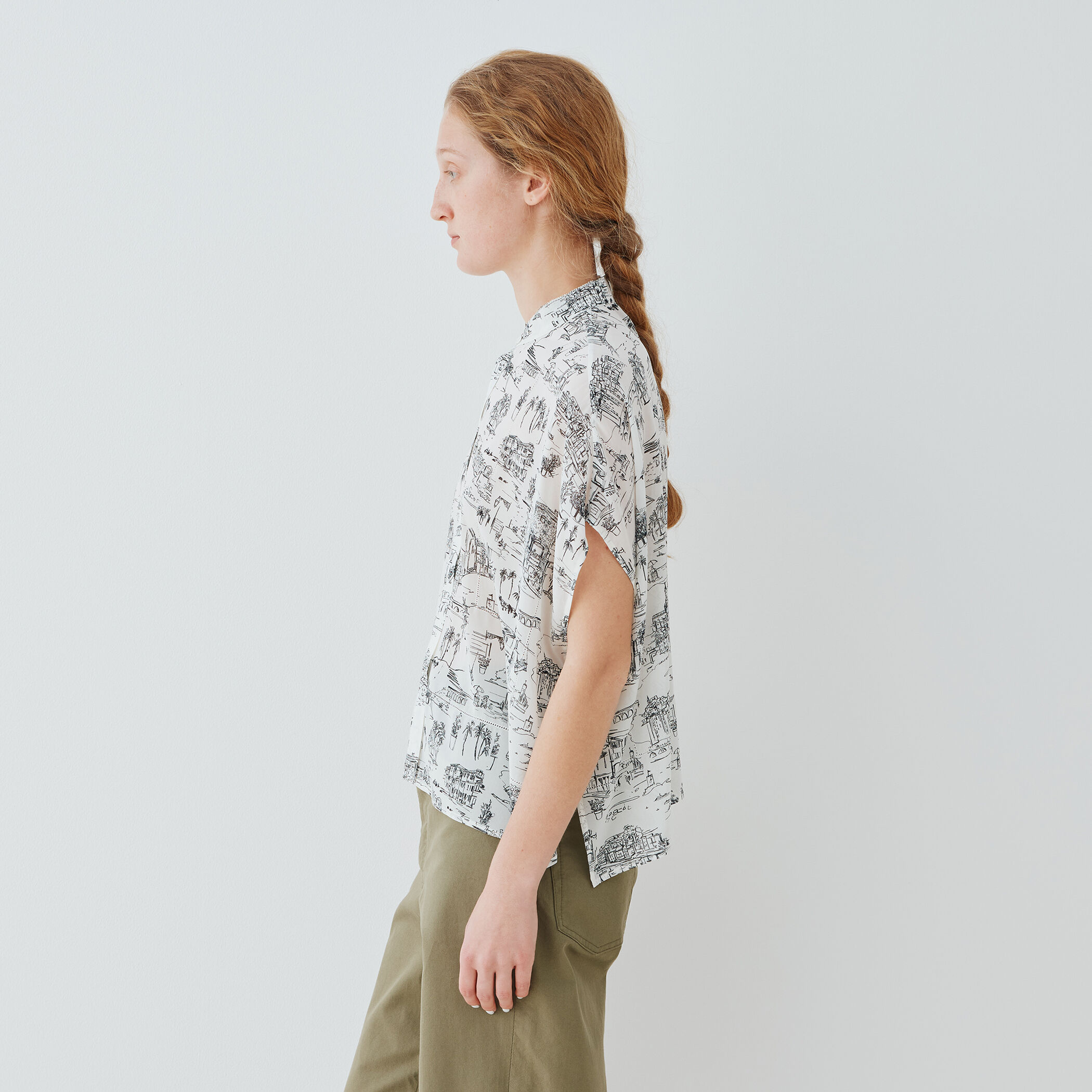 世界的に LandScapeシルクストレッチ スタンドネックボックスシャツ シャツ/ブラウス(長袖/七分)