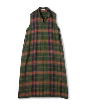 リネンコットンマドラスチェック スキッパ―カラーワンピース