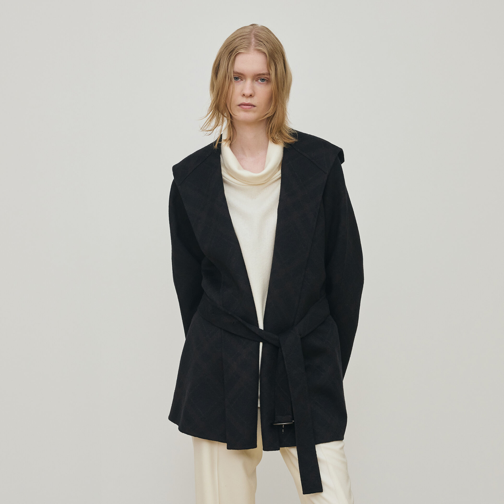 ダブルフェイスチェックジャガード フーディーミディコート