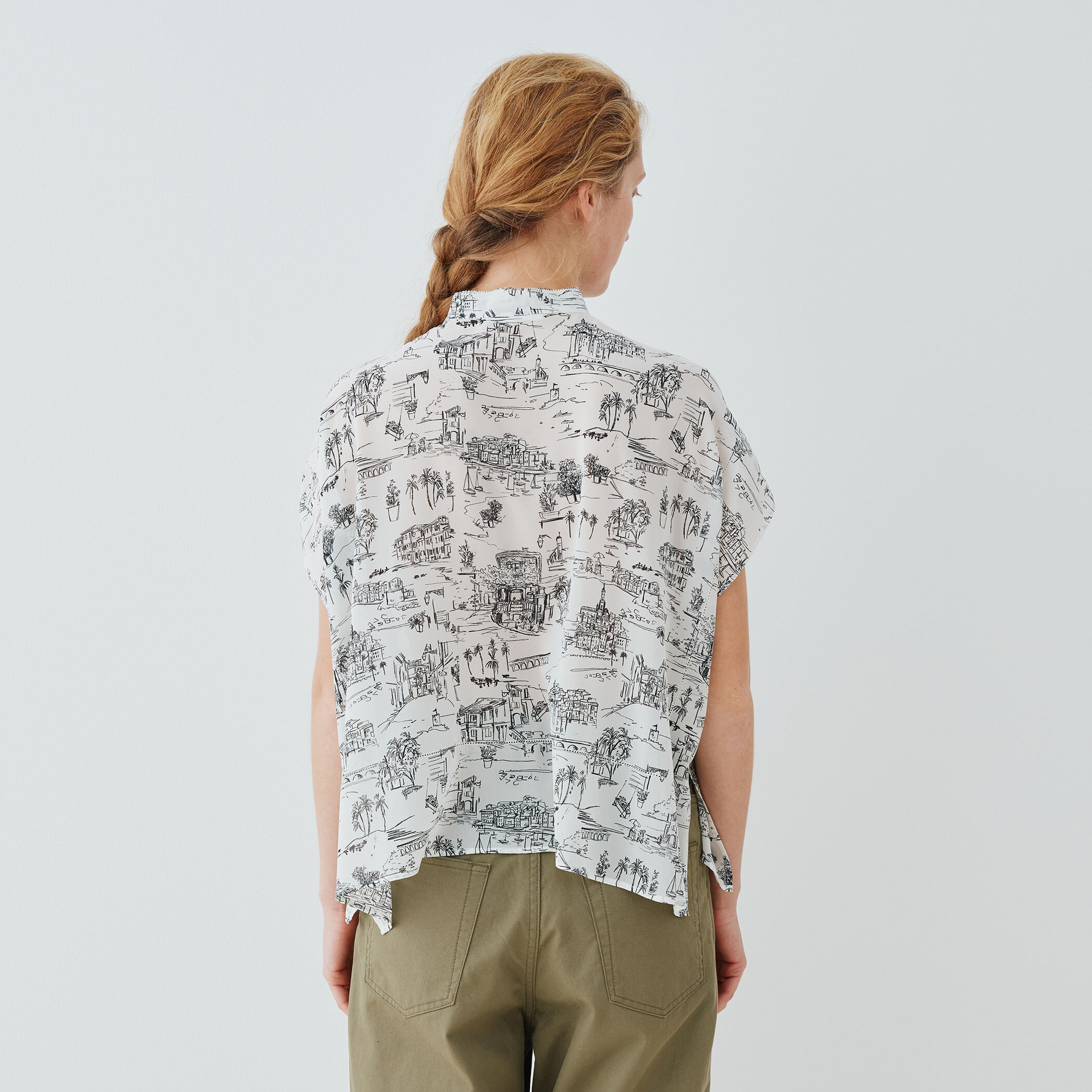 LandScapeシルクストレッチ スタンドネックボックスシャツ