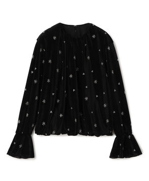 メッシュベロアエンブロイダリー ラッフルカフスブラウス