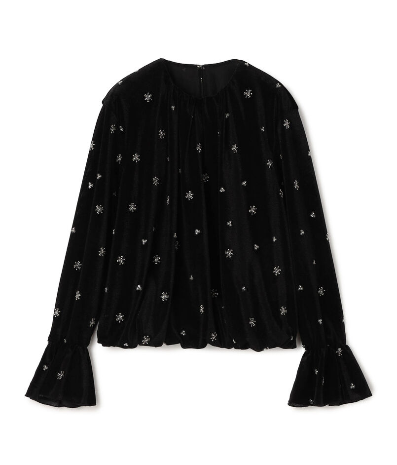 メッシュベロアエンブロイダリー ラッフルカフスブラウス