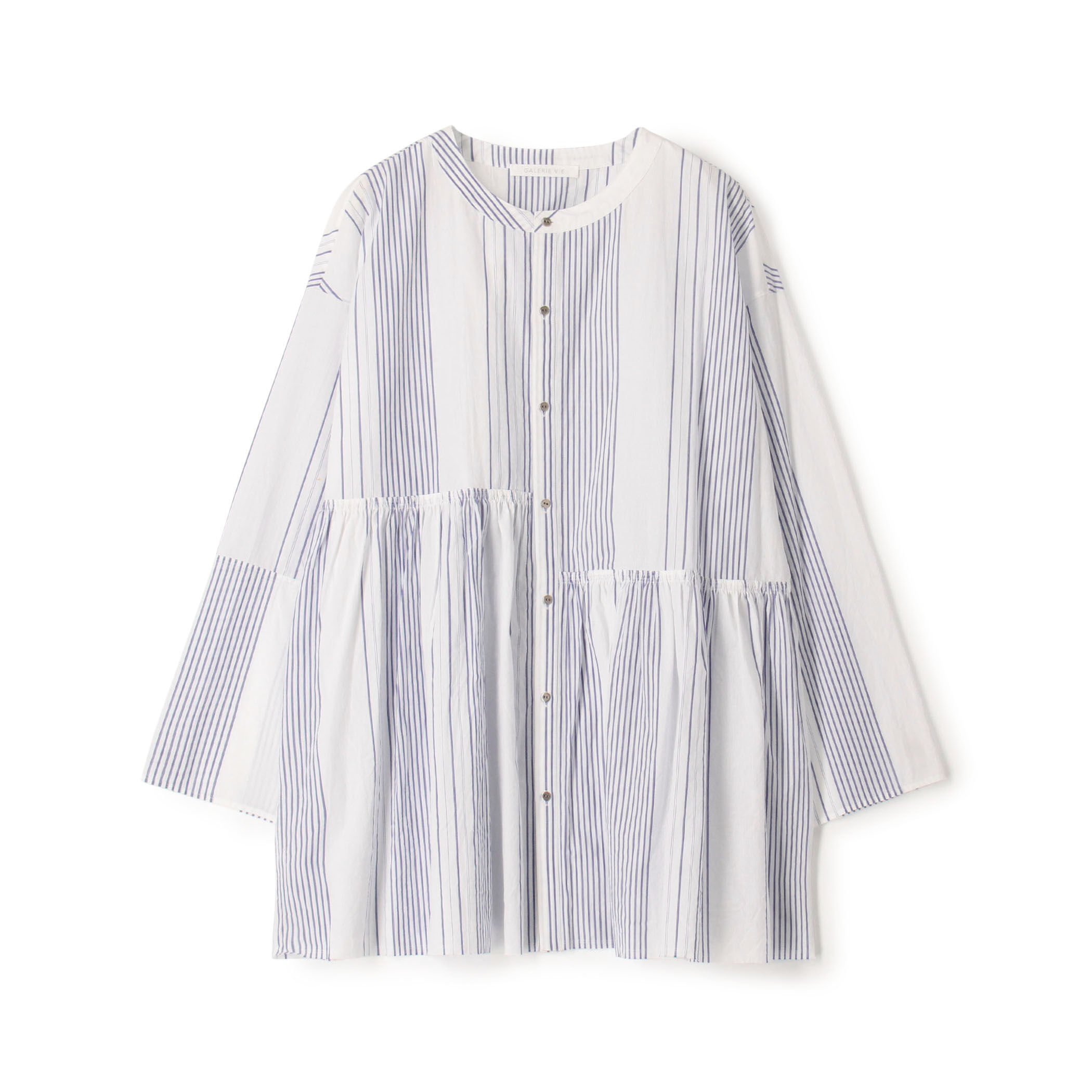 ☆新品☆トゥモローランドGALERIE VIE チェック柄　ブラウスカットソー☆ MORE10%OFF対象〉コットンストライプ アシンメトリーギャザー