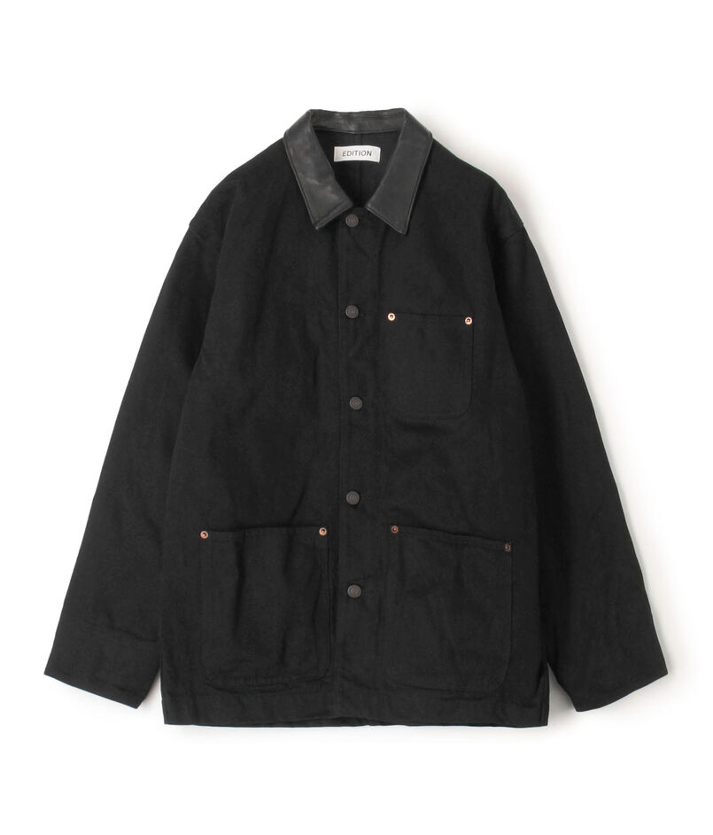 ブラックデニム レザーカラーカバーオール