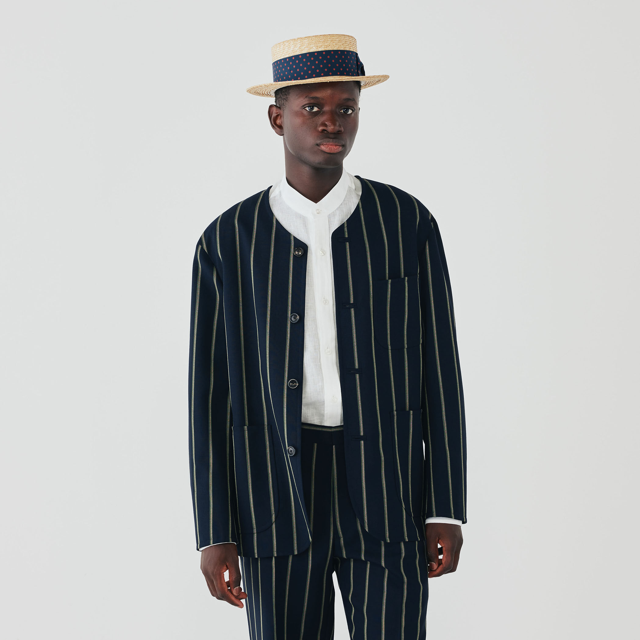 ウール クラブストライプ カラーレスジャケット FOX AIR