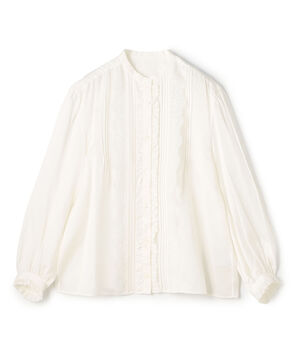 コットンシルクサテン タック＆レースブラウス