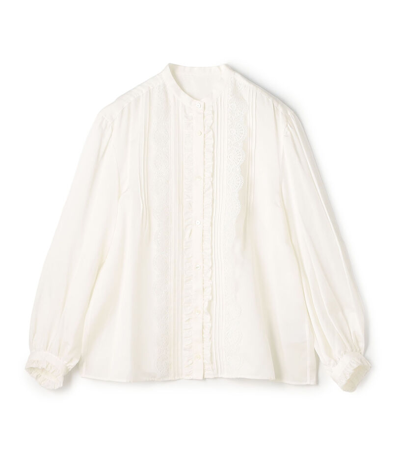 コットンシルクサテン タック＆レースブラウス