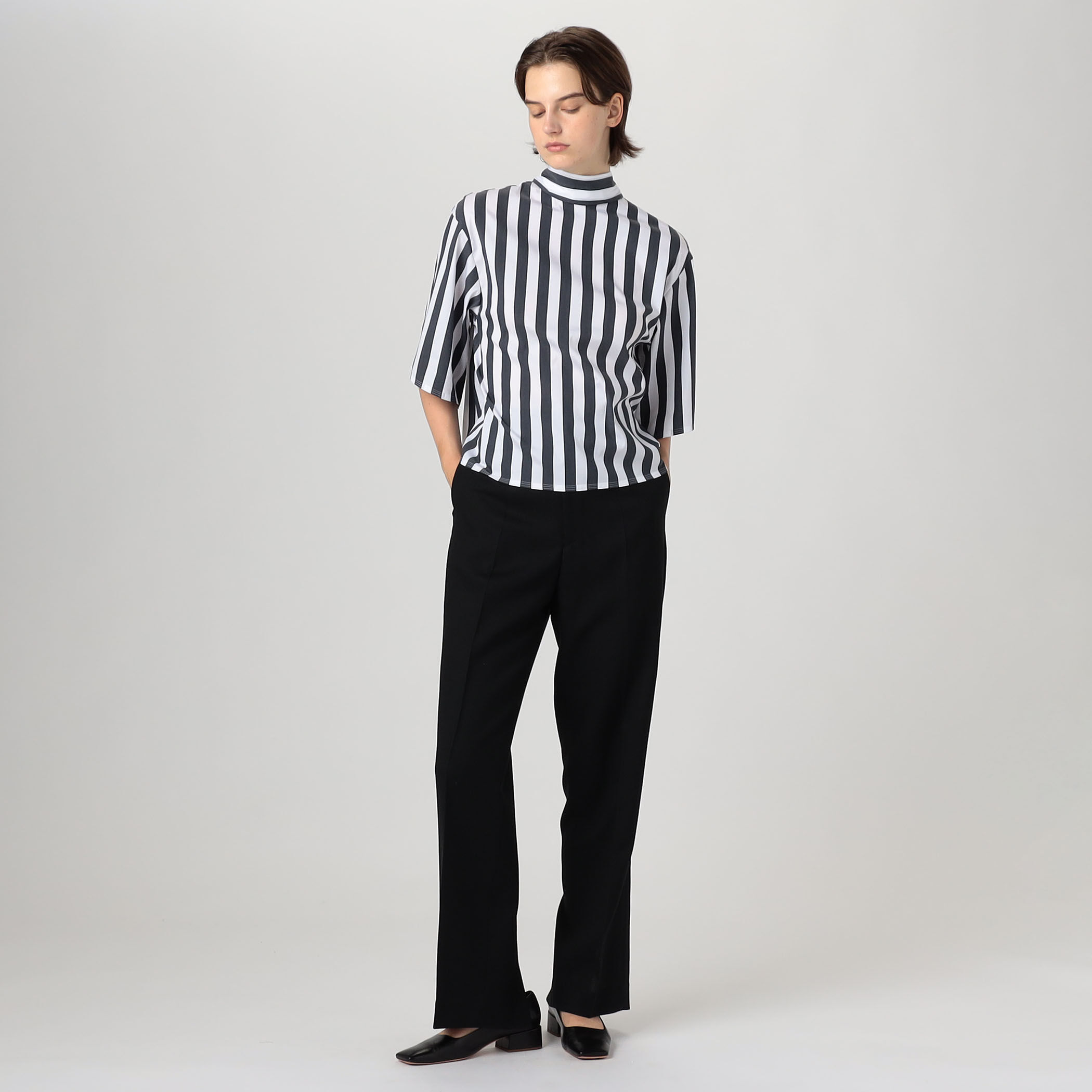 コットンナイロンストレッチストライプ タイブラウス