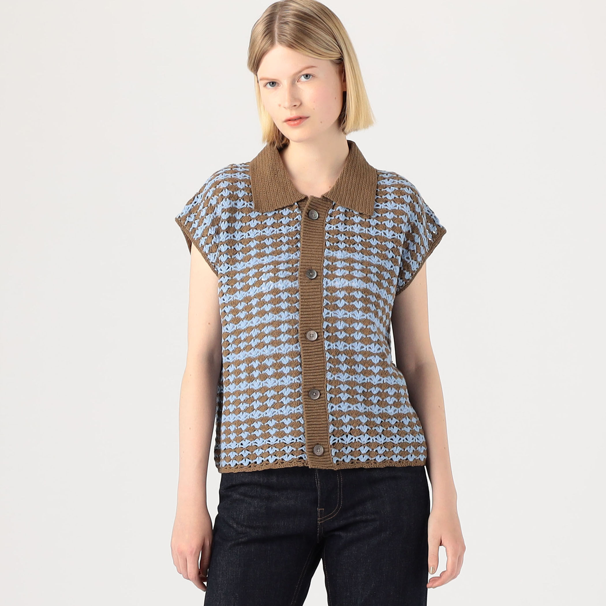 【MACPHEE】リネンコットンクロシェ ポロカラーカーディガン item49006b48265411f0895d0242ac