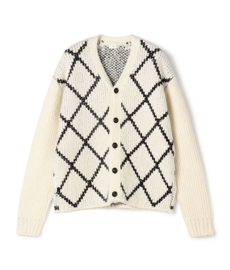 カシミヤ モノトーンアーガイルVネックカーディガン