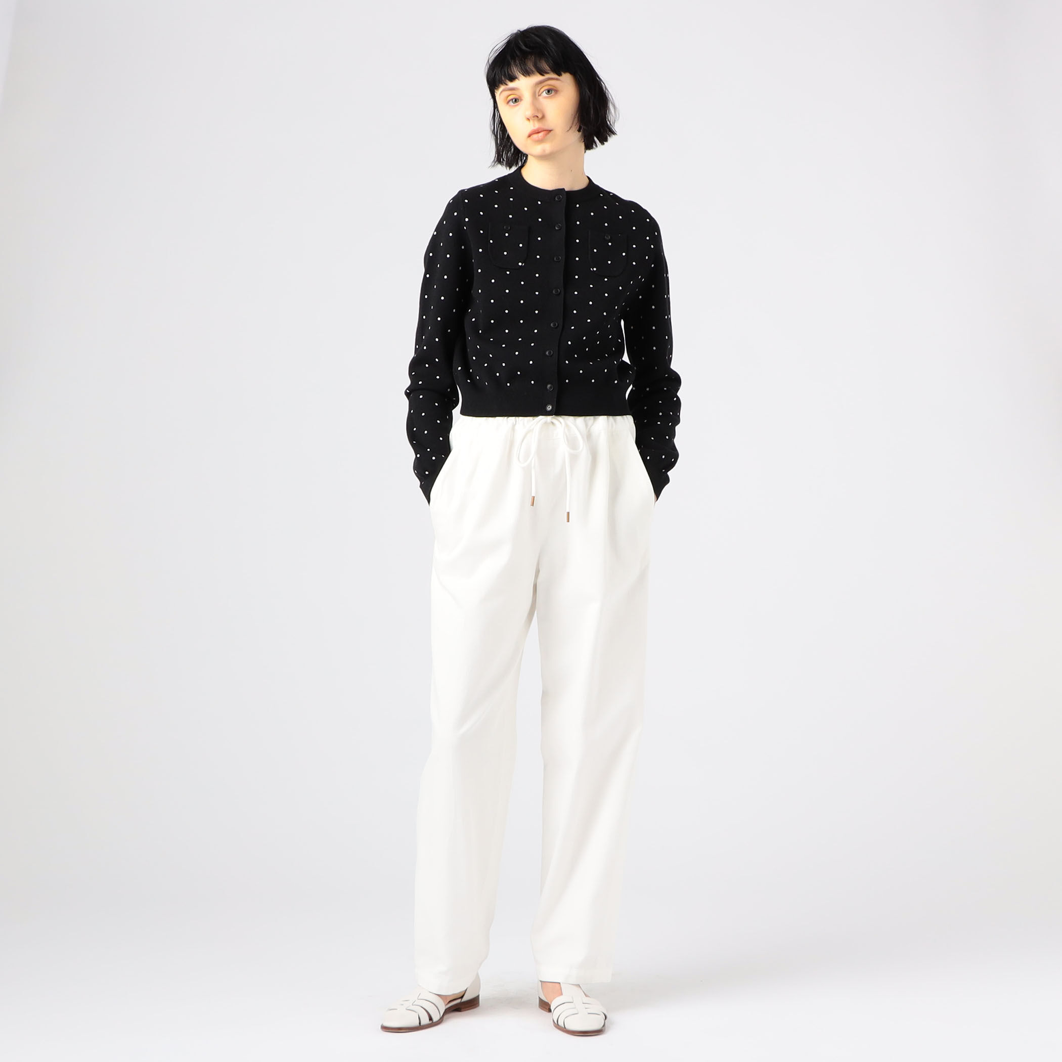 コットンカシミヤ ドットジャカードクルーネックカーディガン