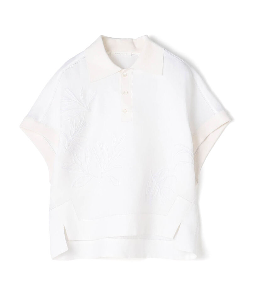 リブコンビフレンチリネンリエンブロイダリー ポロカラーブラウス