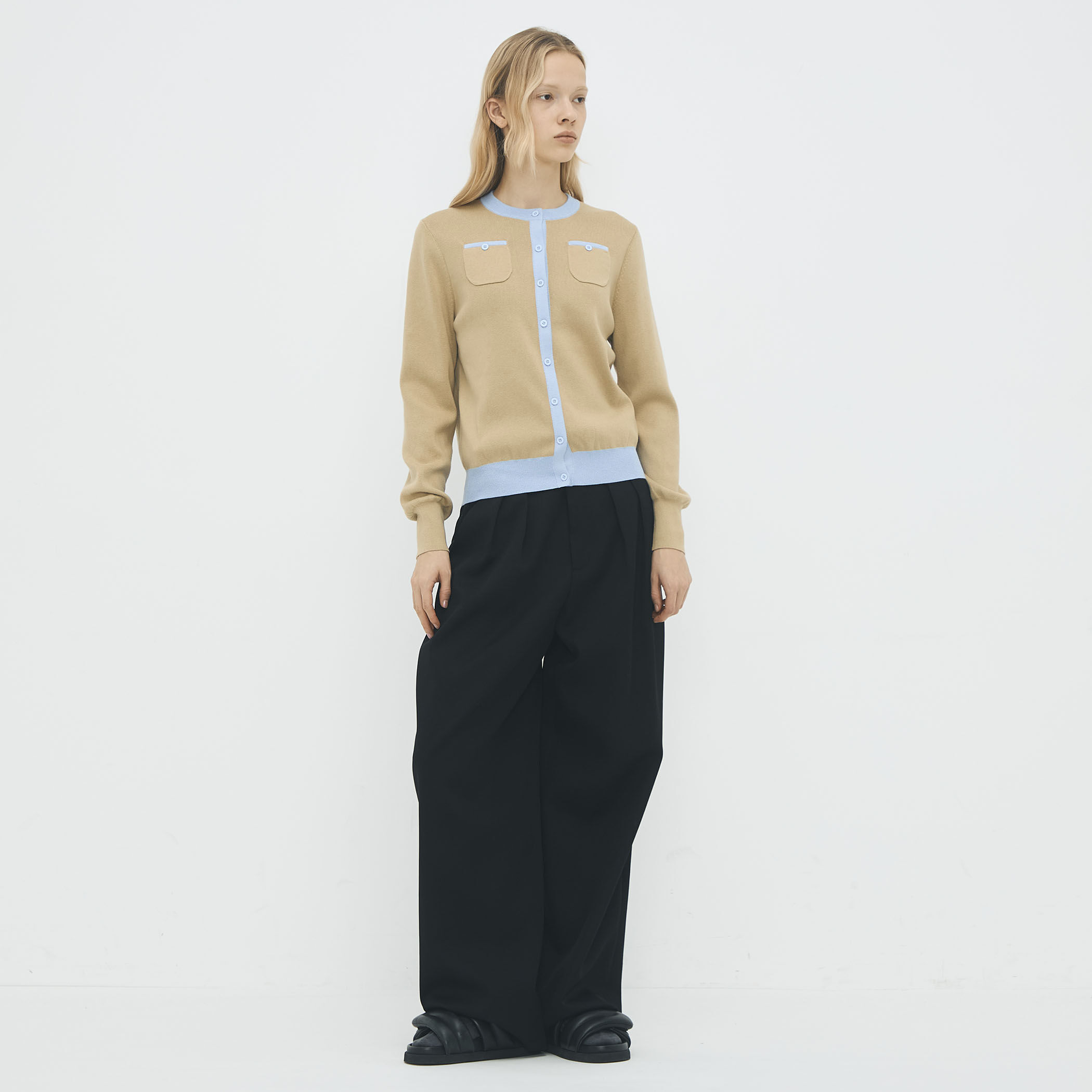 ブ*ン様 【大人気】CABaN　近年 コットンカシミヤ バイカラークルーネックカ コットンカシミヤ バイカラークルーネックカーディガン