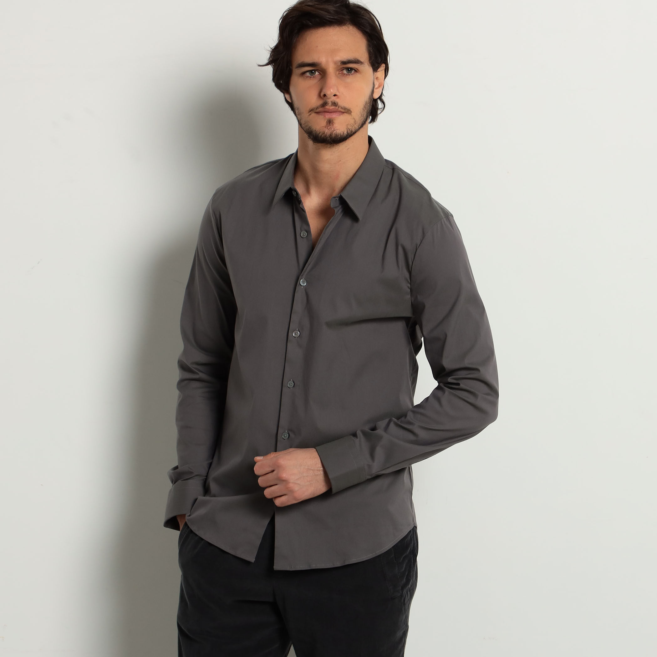 james perse ストレッチポプリンシャツ Stretch Poplin Button Up - Grey Sky | James Perse Los Angeles
