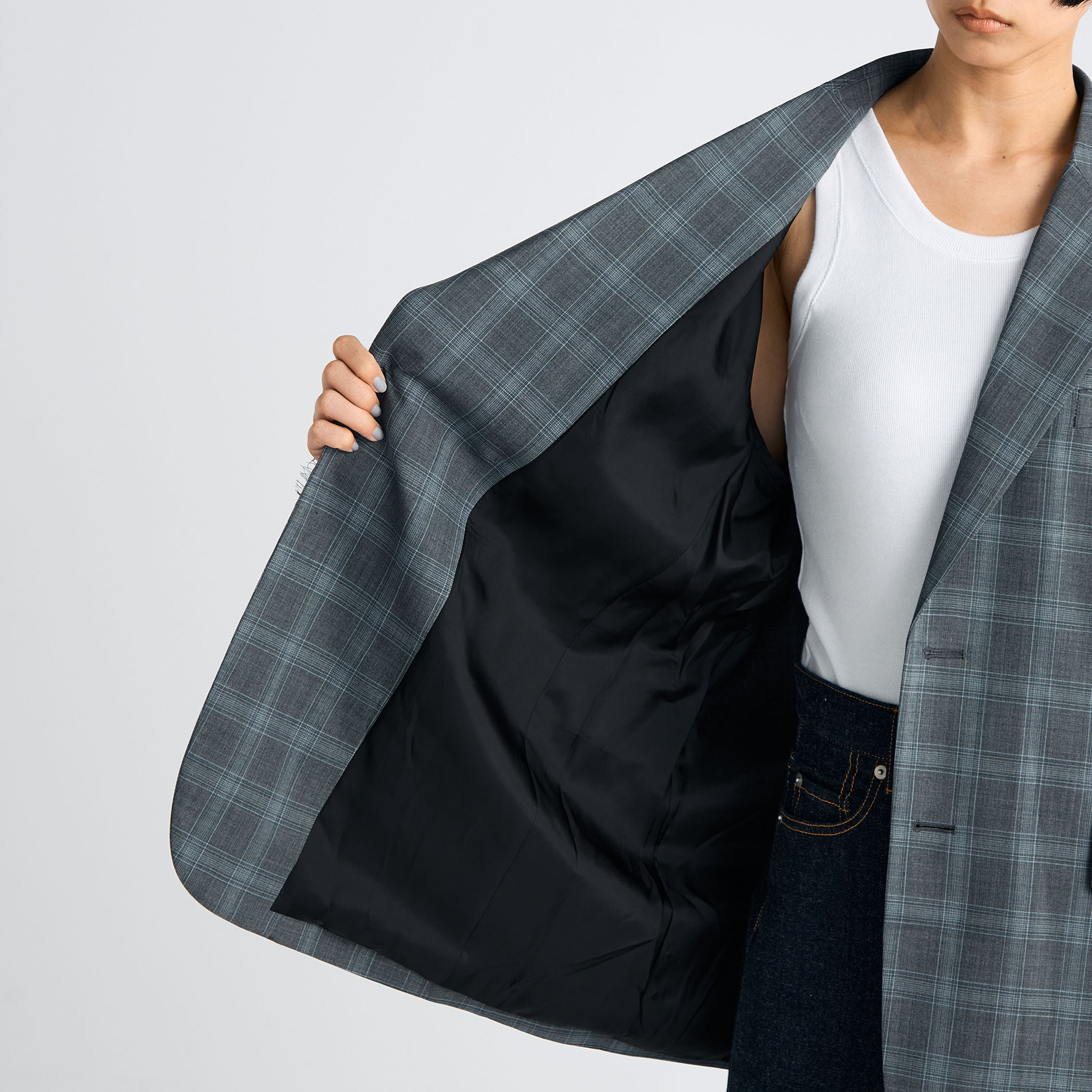 Super140's ウールトロピカル チェックオーバーサイズドジャケット