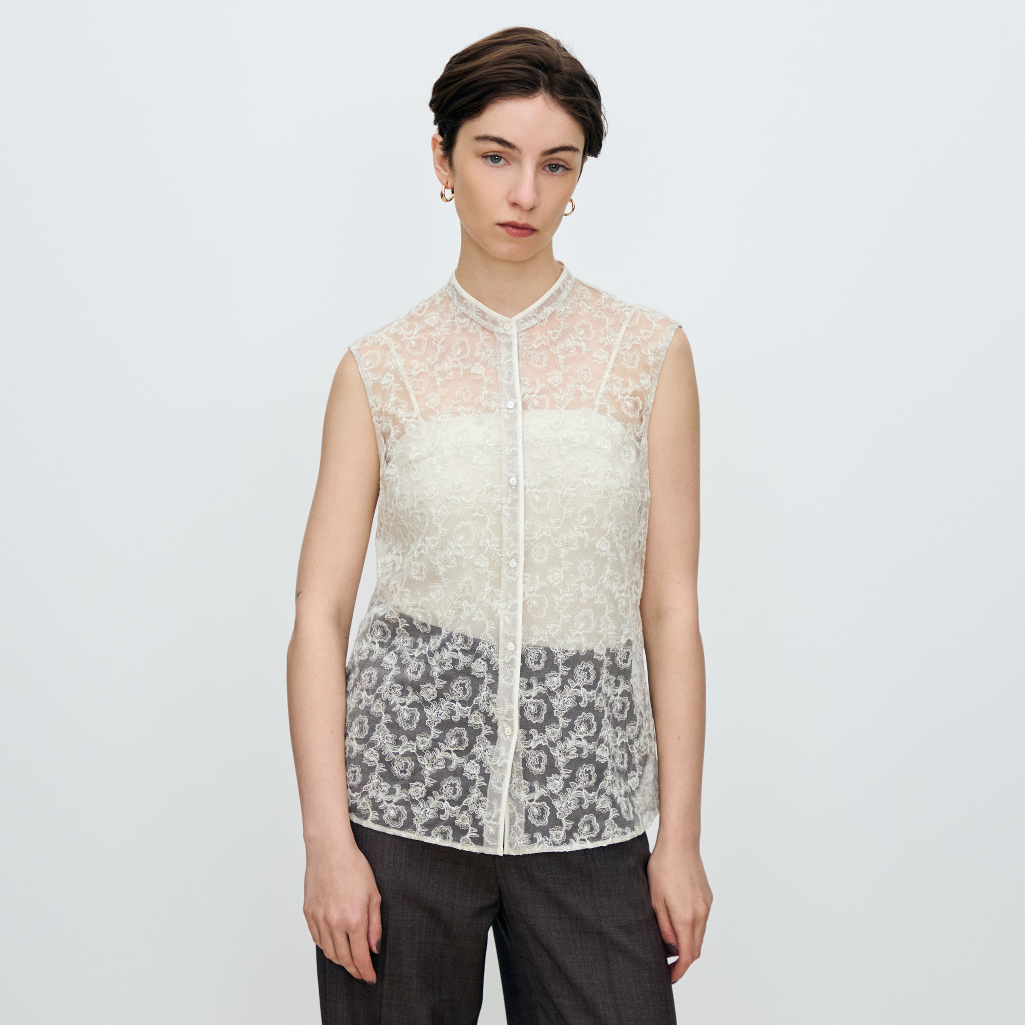 チュールフラワーエンブロイダリー パイピングレースブラウス