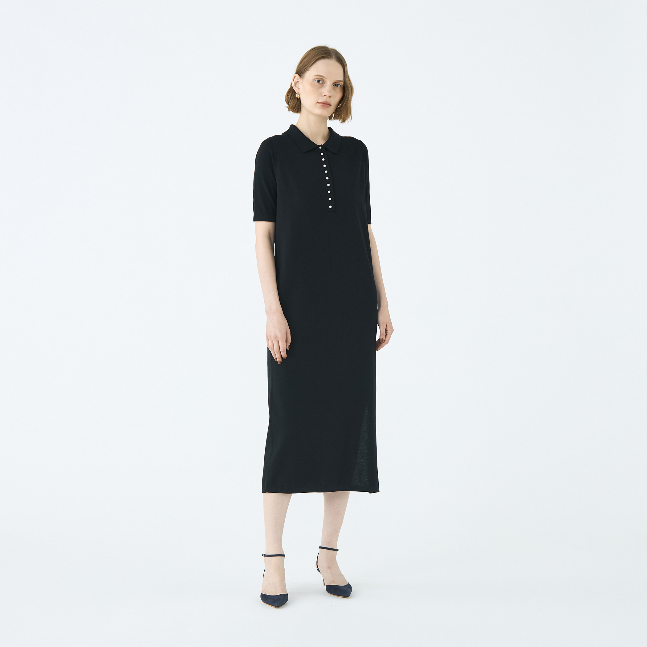 ウールポリエステルパールコンビ ポロロングワンピース