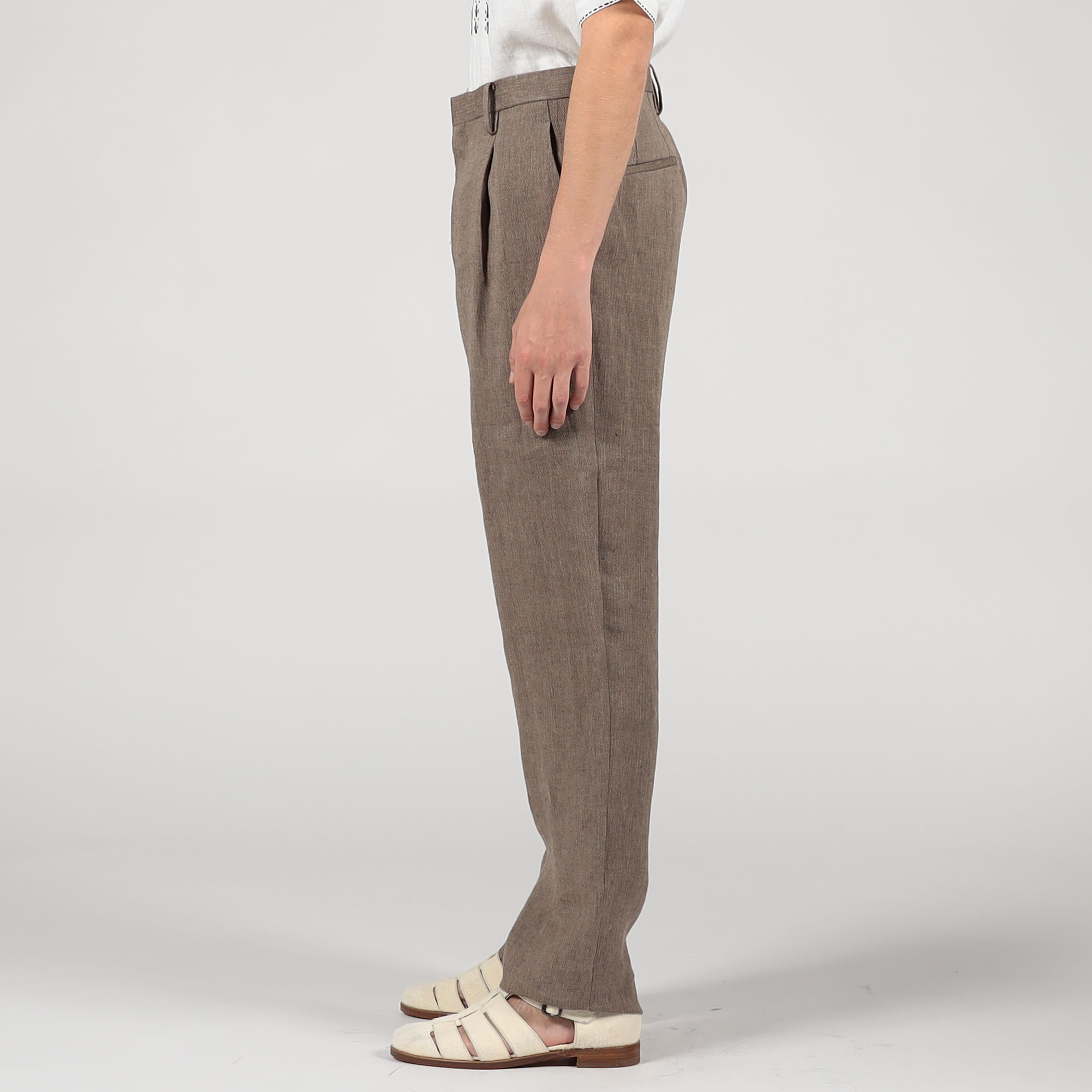 リネン ヘリンボーン 1プリーツテーパードスラックス