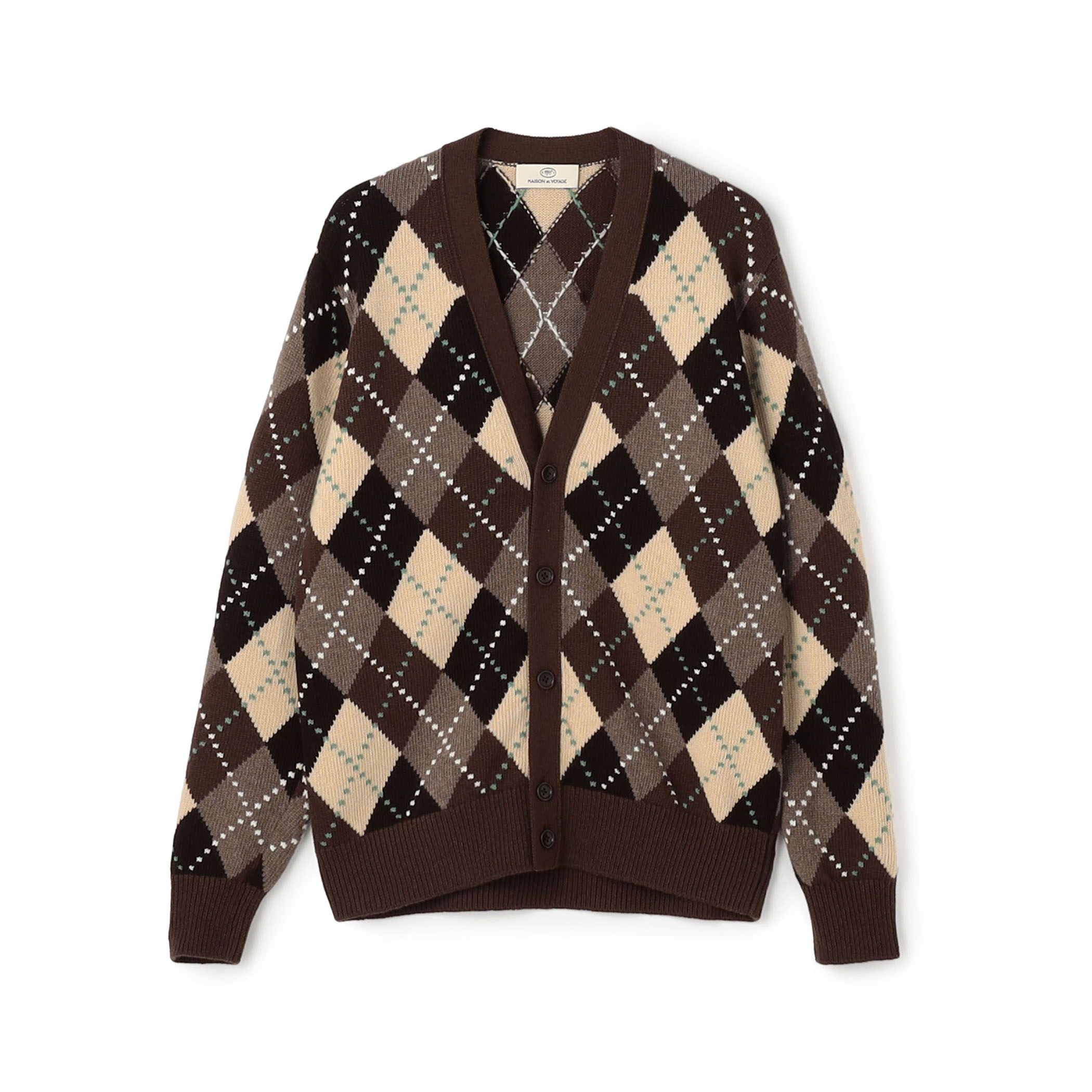 ラムウール インターシャアーガイル Vネックカーディガン