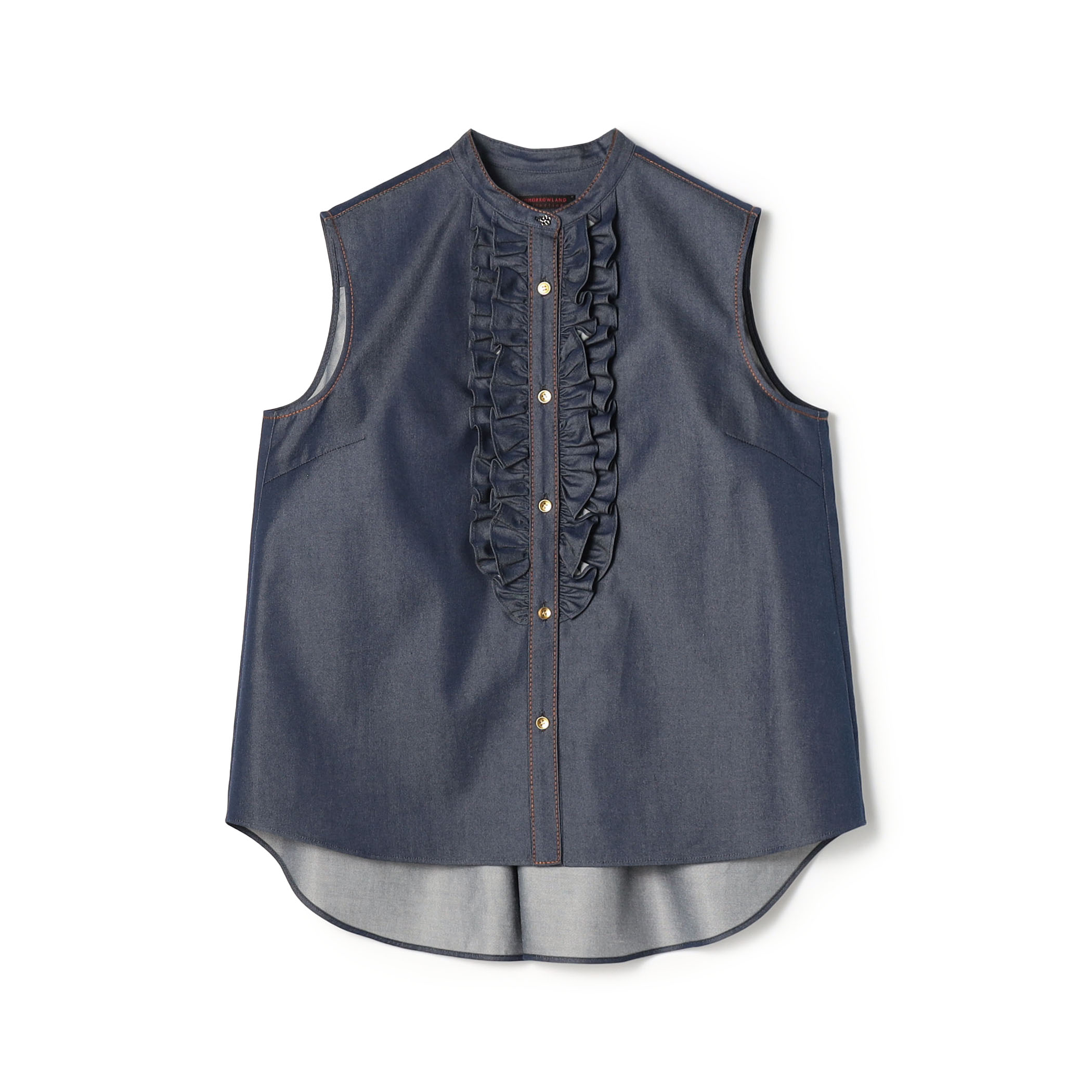 コットンシルクデニム ラッフルスリーブレスブラウス