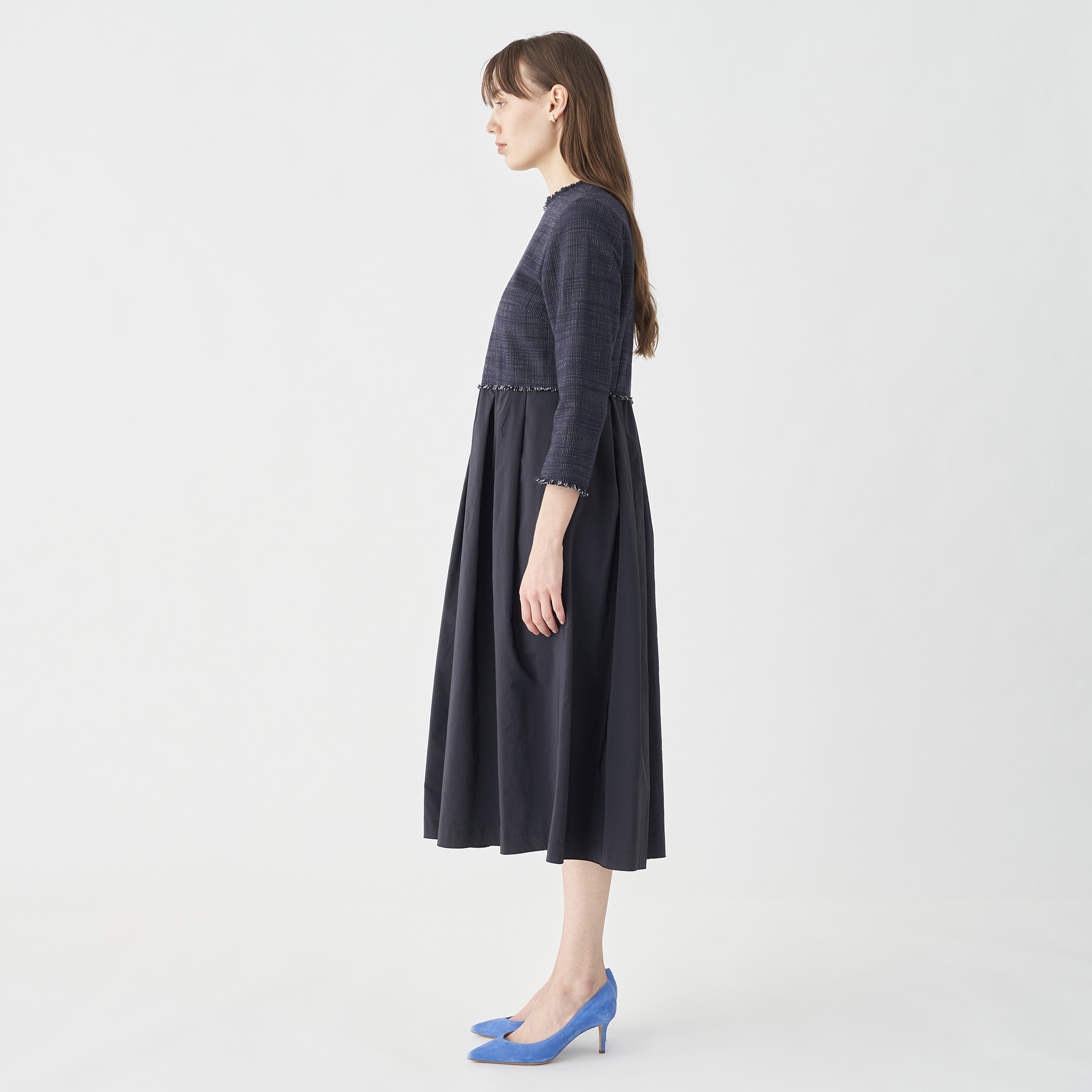 ◎美品 定価46000! トゥモローランド ツィード ワンピース42 XL ロングスラブツイード マテリアルコンビワンピース