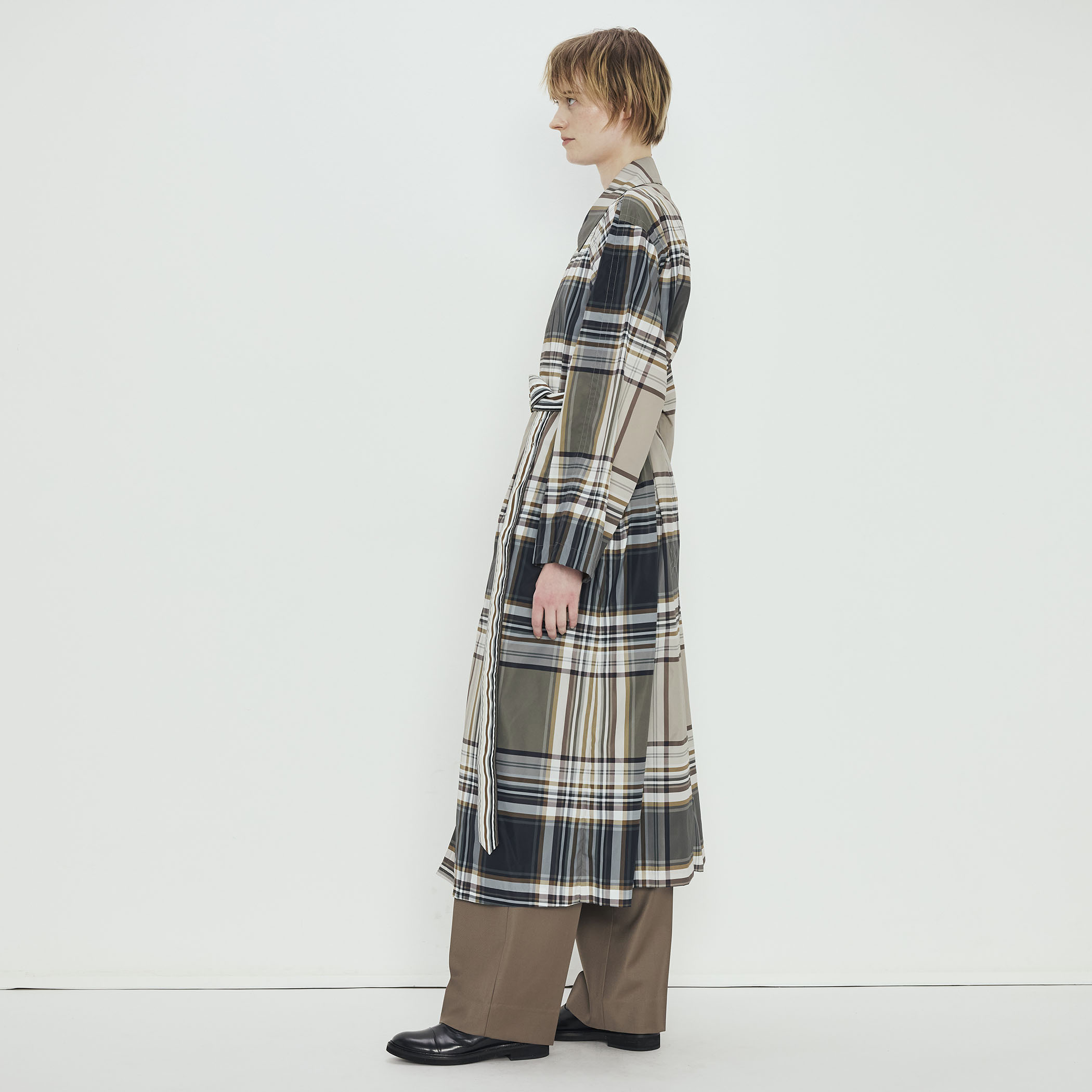 テクニカルナイロン ブロックチェックステンカラーコート