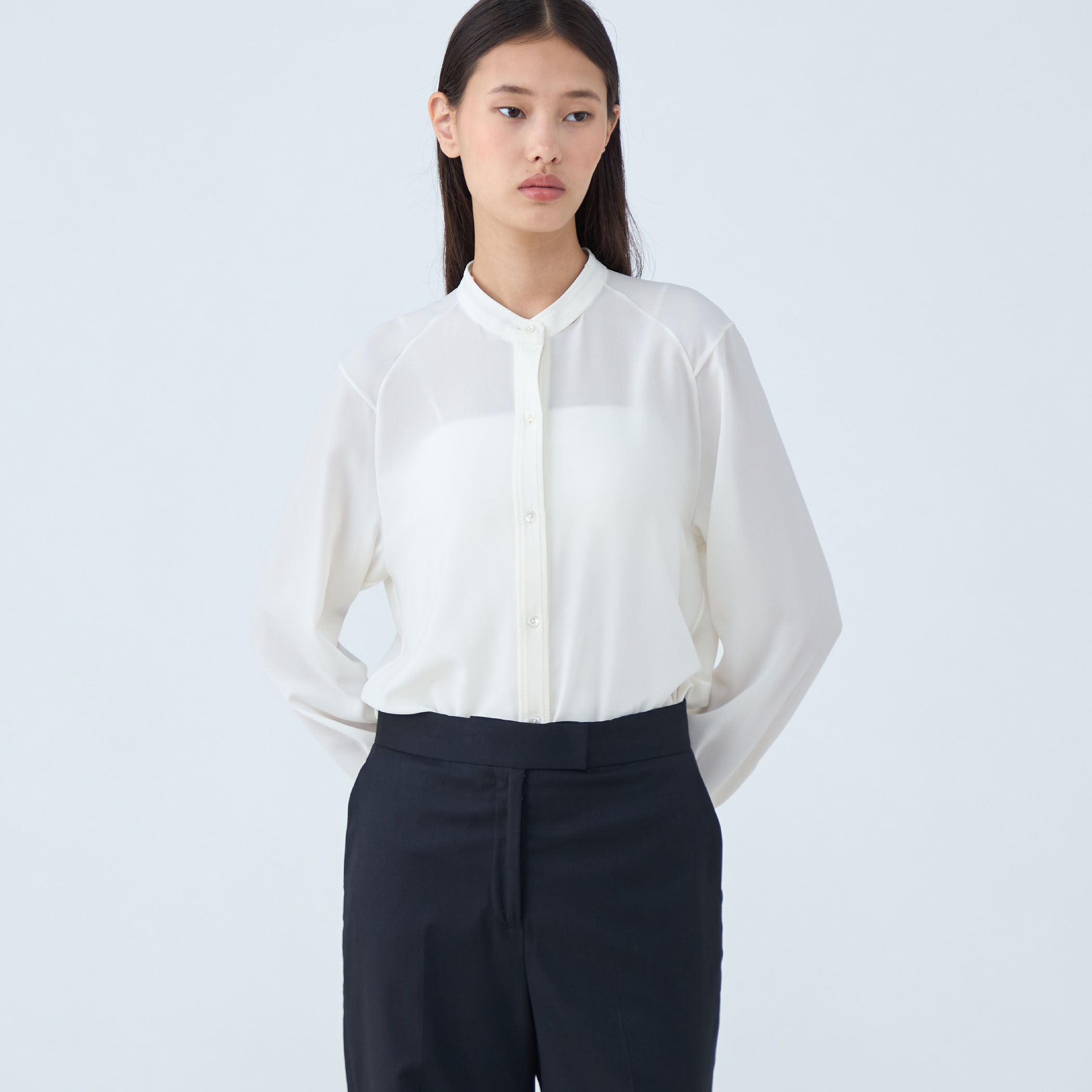 TOMORROWLAND◆25SS/ポリエステルアムンゼンハンドステッチブラウス/長袖ブラウス/36/ポリエステル/WHT ポリエステルアムンゼン ハンドステッチブラウス